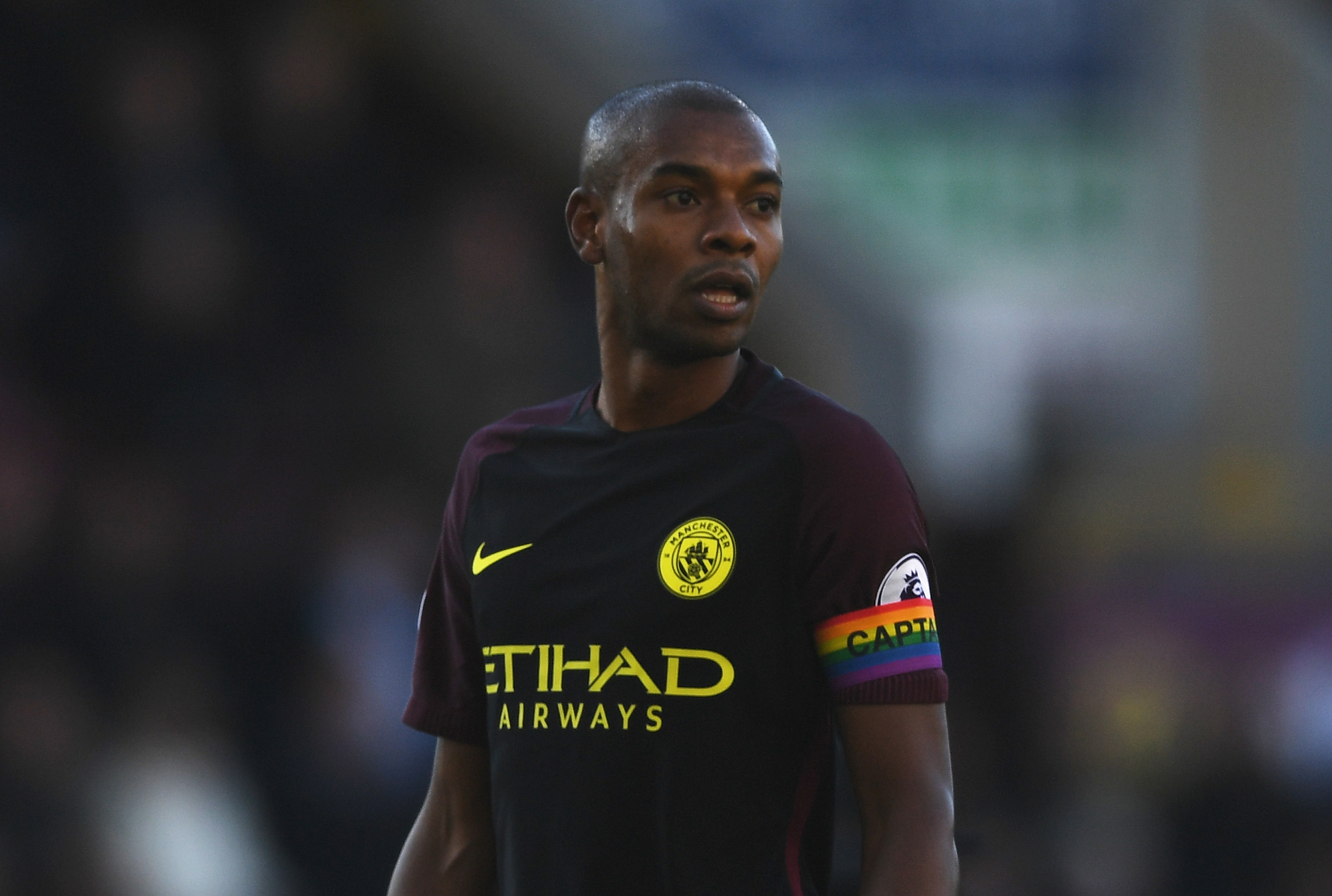 BURNLEY, ENGLAND - NOVEMBER 26:  Fernandinho of Manchester City wearing a rainbow-coloured captain's armband is seen during the Premier League match between Burnley and Manchester City at Turf Moor on November 26, 2016 in Burnley, England.  (Photo by Gareth Copley/Getty Images)