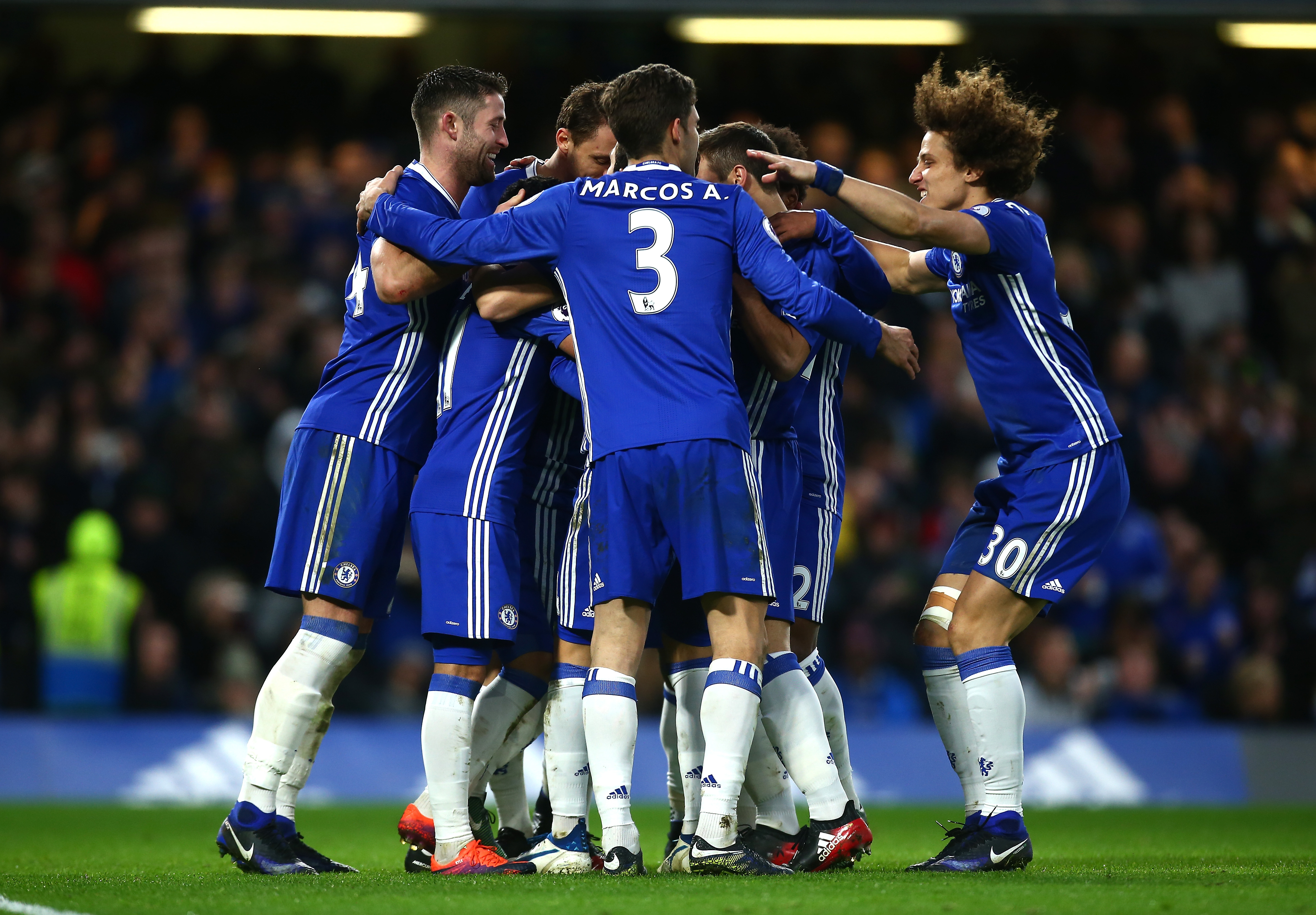 LONDON, ENGLAND - DECEMBER 26:  Eden Hazard of Chelsea celebrates with team mates after scoring his sides second goal during the Premier League match between Chelsea and AFC Bournemouth at Stamford Bridge on December 26, 2016 in London, England.  (Photo by Jordan Mansfield/Getty Images)