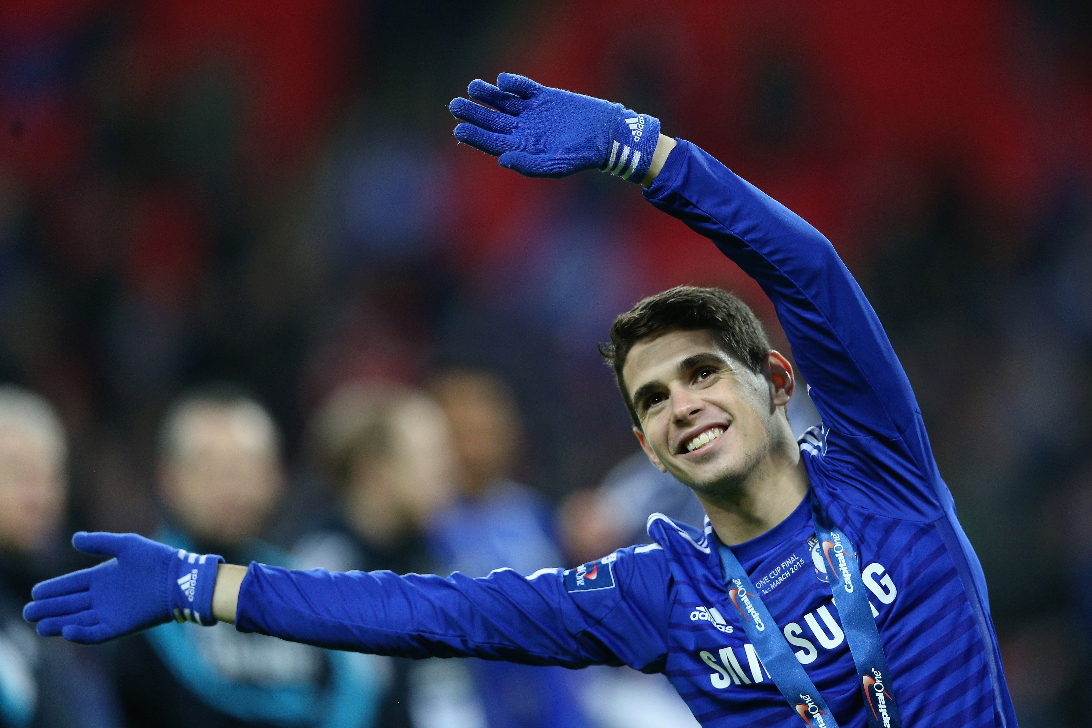 LONDON, ENGLAND - MARCH 01: Oscar of Chelsea celebrates after the Capital One Cup Final match between Chelsea and Tottenham Hotspur at Wembley Stadium on March 1, 2015 in London, England.  (Photo by Clive Mason/Getty Images)