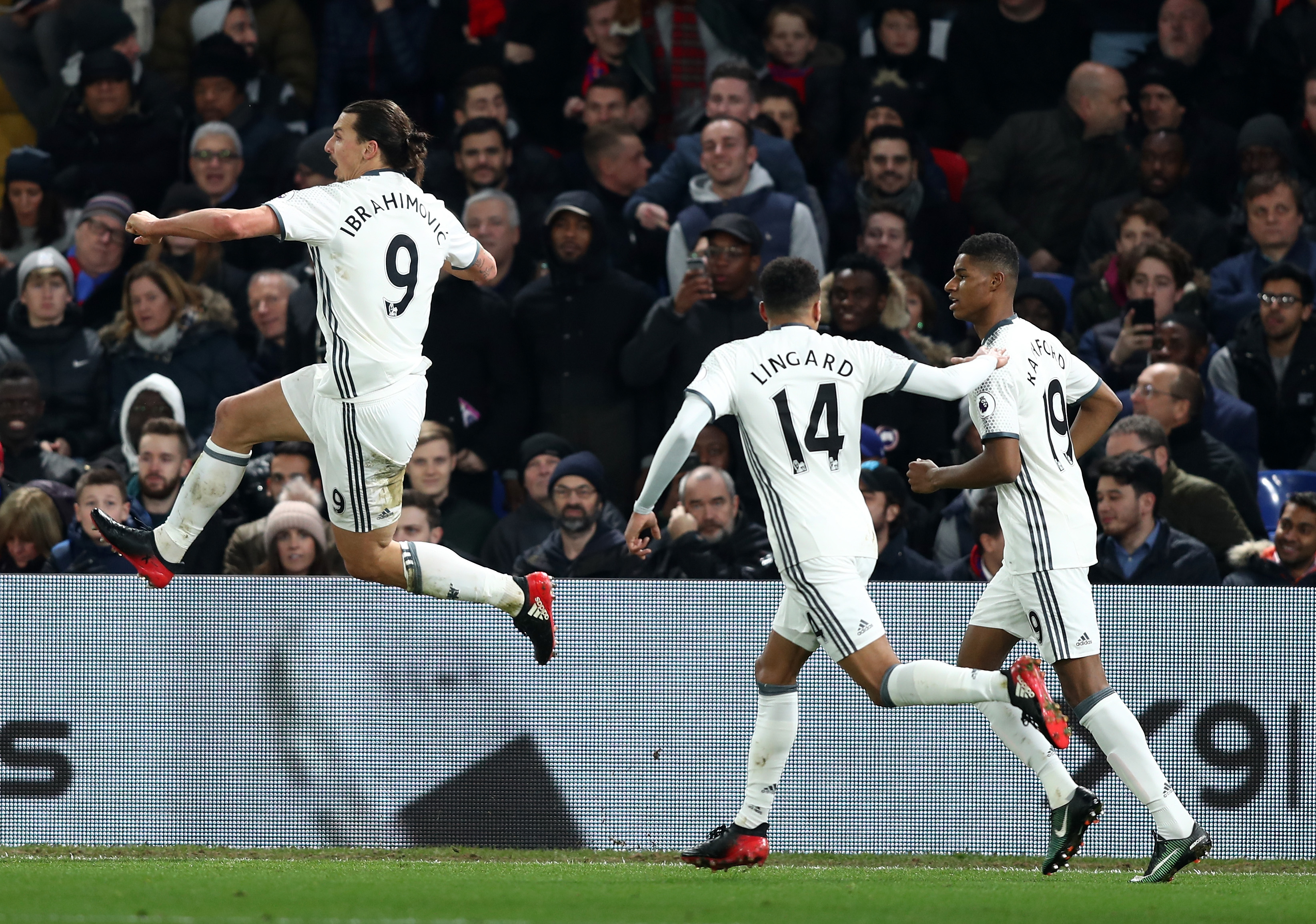 LONDON, ENGLAND - DECEMBER 14:  Zlatan Ibrahimovic (L) of Manchester United celebrates scoring his team's second goal during the Premier League match between Crystal Palace and Manchester United at Selhurst Park on December 14, 2016 in London, England.  (Photo by Clive Rose/Getty Images)
