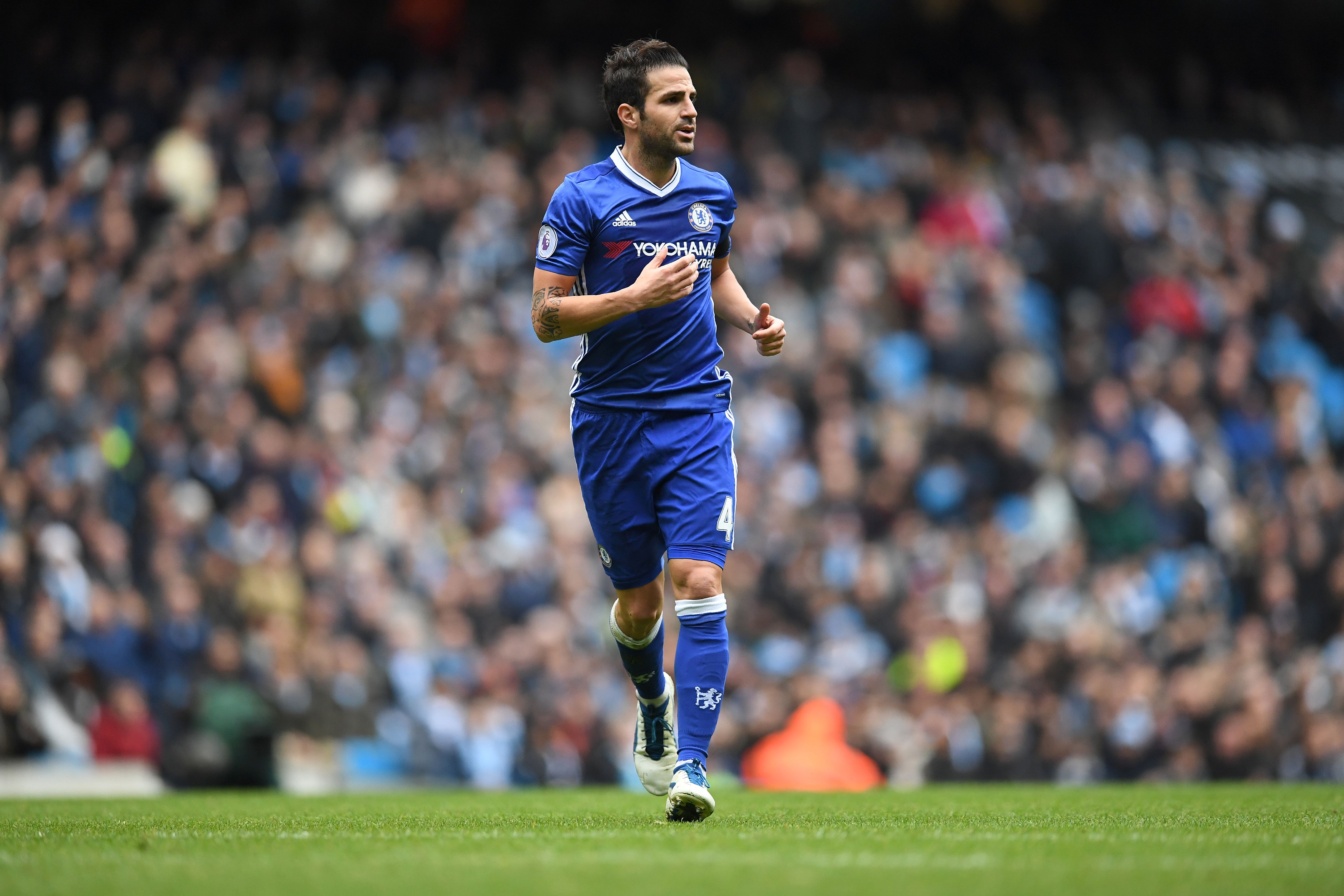 Chelsea's Spanish midfielder Cesc Fabregas runs during the English Premier League football match between Manchester City and Chelsea at the Etihad Stadium in Manchester, north west England, on December 3, 2016. / AFP / Paul ELLIS / RESTRICTED TO EDITORIAL USE. No use with unauthorized audio, video, data, fixture lists, club/league logos or 'live' services. Online in-match use limited to 75 images, no video emulation. No use in betting, games or single club/league/player publications.  /         (Photo credit should read PAUL ELLIS/AFP/Getty Images)