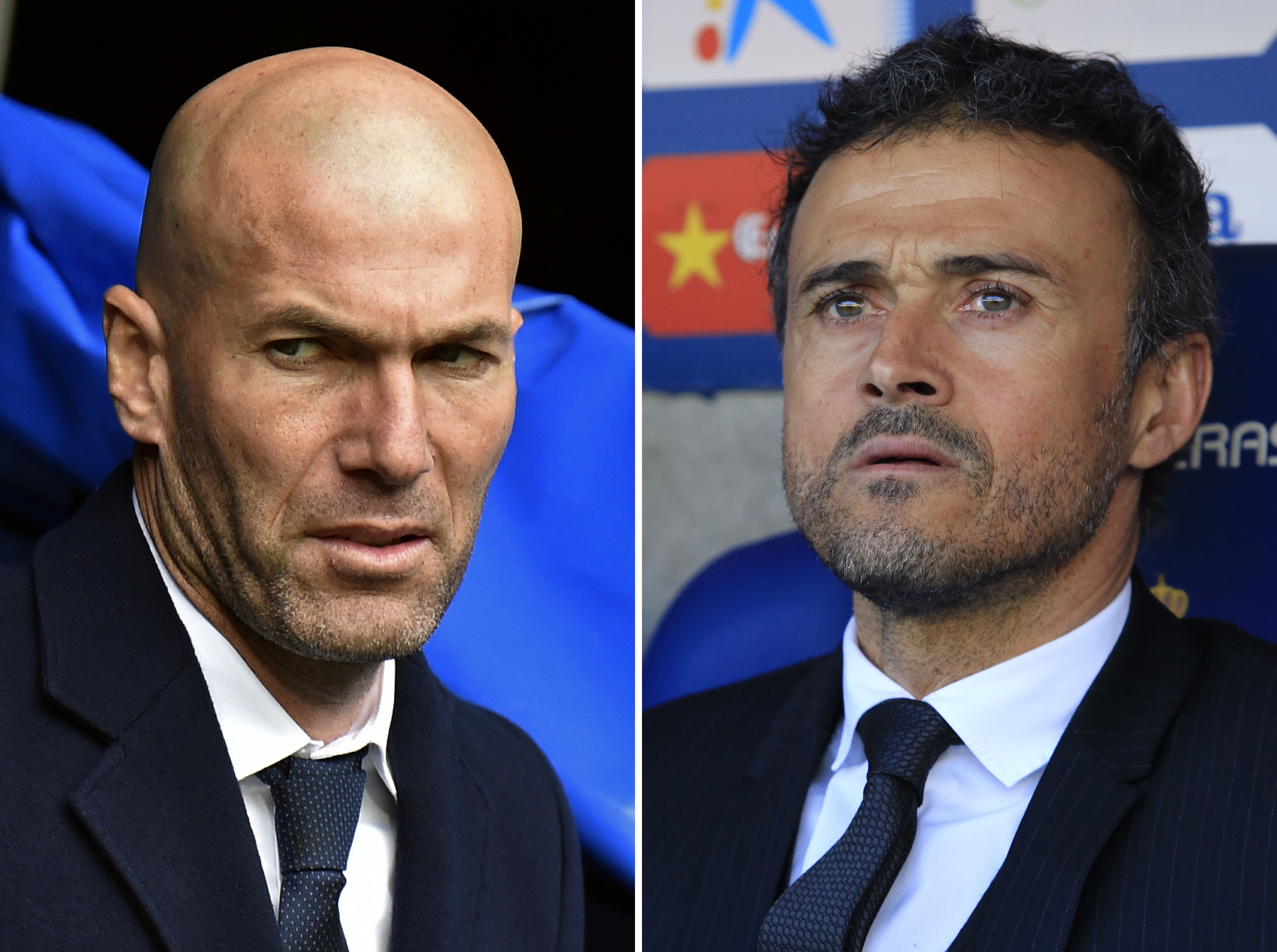 (FILES) A combination of two pictures made on April 1st, 2016 shows Real Madrid's French coach Zinedine Zidane (L) before the Spanish league football match Real Madrid CF vs RC Celta de Vigo at the Santiago Bernabeu stadium in Madrid on March 5, 2016 and Barcelona's coach Luis Enrique before the Spanish league football match RCD Espanyol vs FC Barcelona at the Power8 stadium in Cornella de Llobregat on January 2, 2016.
Barcelona will honour legendary former player and coach Johan Cruyff as they look to inflict more misery upon eternal rivals Real Madrid in the Clasico on April 2nd, 2016. / AFP / GERARD JULIEN AND PAU BARRENA        (Photo credit should read GERARD JULIEN,PAU BARRENA/AFP/Getty Images)