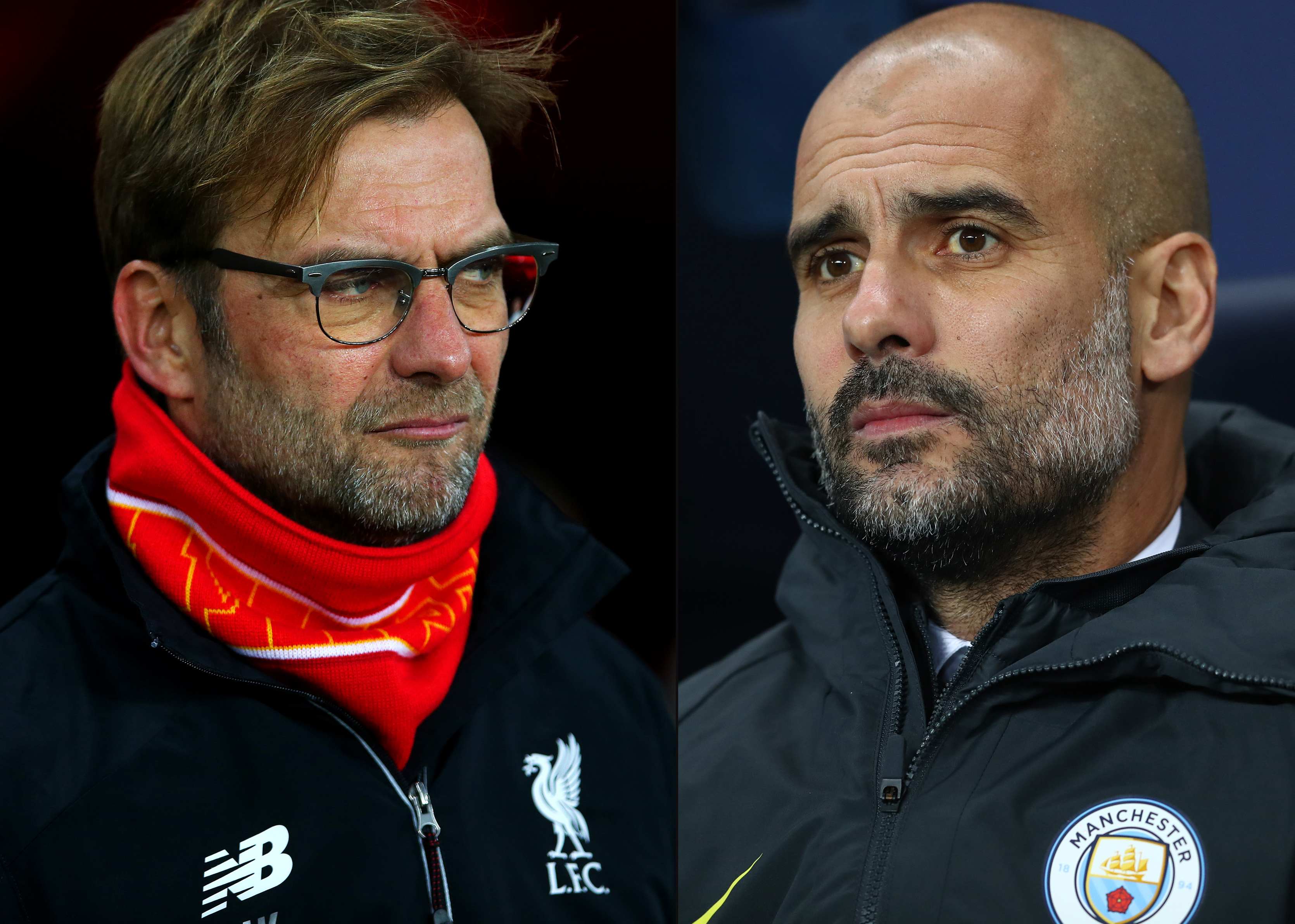 FILE PHOTO (EDITORS NOTE: COMPOSITE OF TWO IMAGES - Image numbers (L) 502929058 and 629845764) In this composite image a comparision has been made between Jurgen Klopp, manager of Liverpool (L) and Josep Guardiola, Manager of Manchester City. Liverpool and Manchester City meet in a Premier League match at Anfleid on December 31, 2016.  ***LEFT IMAGE*** SUNDERLAND, ENGLAND - DECEMBER 30: Jurgen Klopp, manager of Liverpool looks on before the Barclays Premier League match between Sunderland and Liverpool at Stadium of Light on December 30, 2015 in Sunderland, England. (Photo by Ian MacNicol/Getty Images) ***RIGHT IMAGE*** MANCHESTER, ENGLAND - DECEMBER 14: Josep Guardiola, Manager of Manchester City looks on during the Premier League match between Manchester City and Watford at Etihad Stadium on December 14, 2016 in Manchester, England. (Photo by Michael Steele/Getty Images)