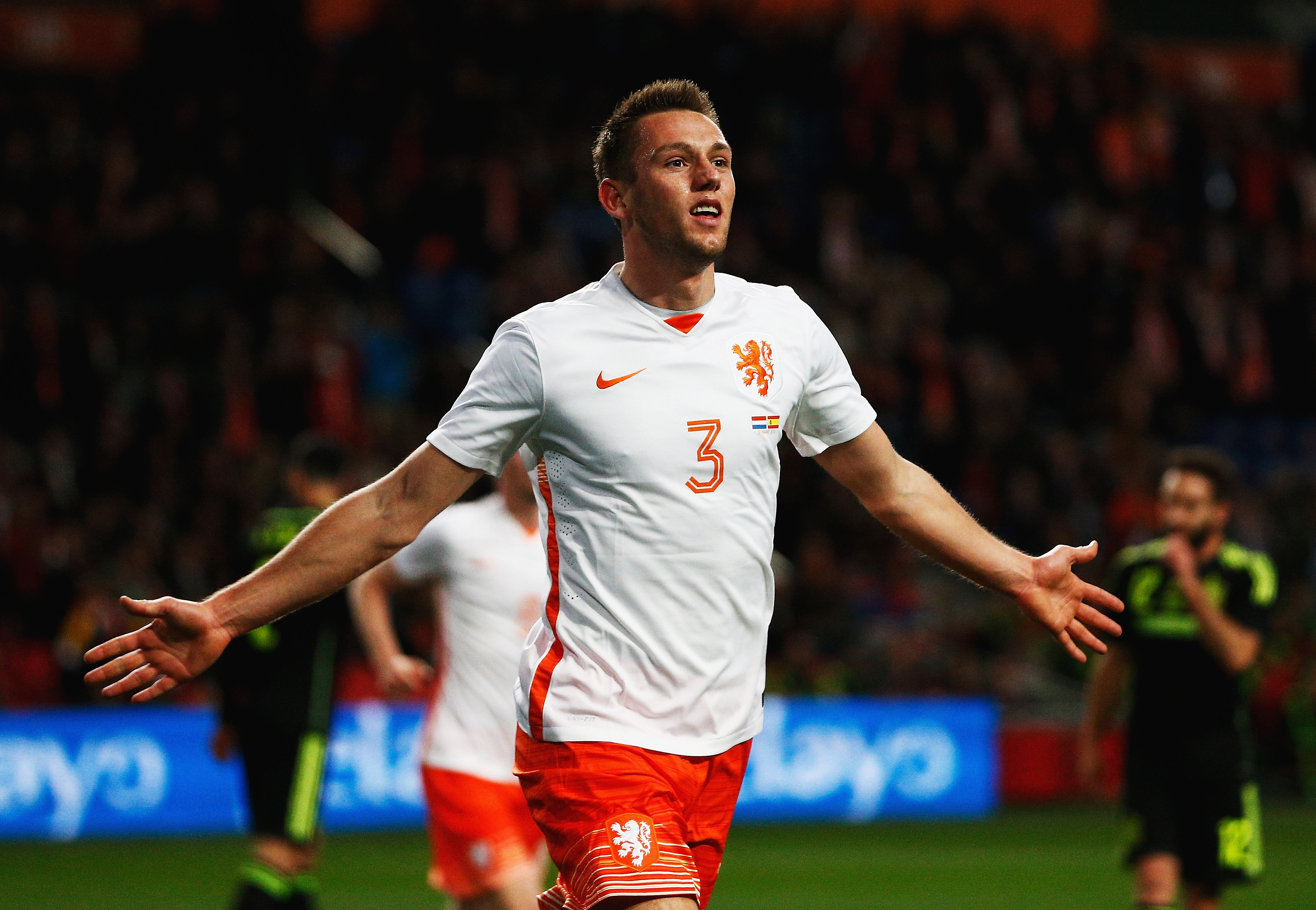 AMSTERDAM, NETHERLANDS - MARCH 31:  Stefan de Vrij of Netherlands celebrates scoring the opening goal during the international friendly match between the Netherlands and Spain held at Amsterdam Arena on March 31, 2015 in Amsterdam, Netherlands.  (Photo by Dean Mouhtaropoulos/Getty Images)