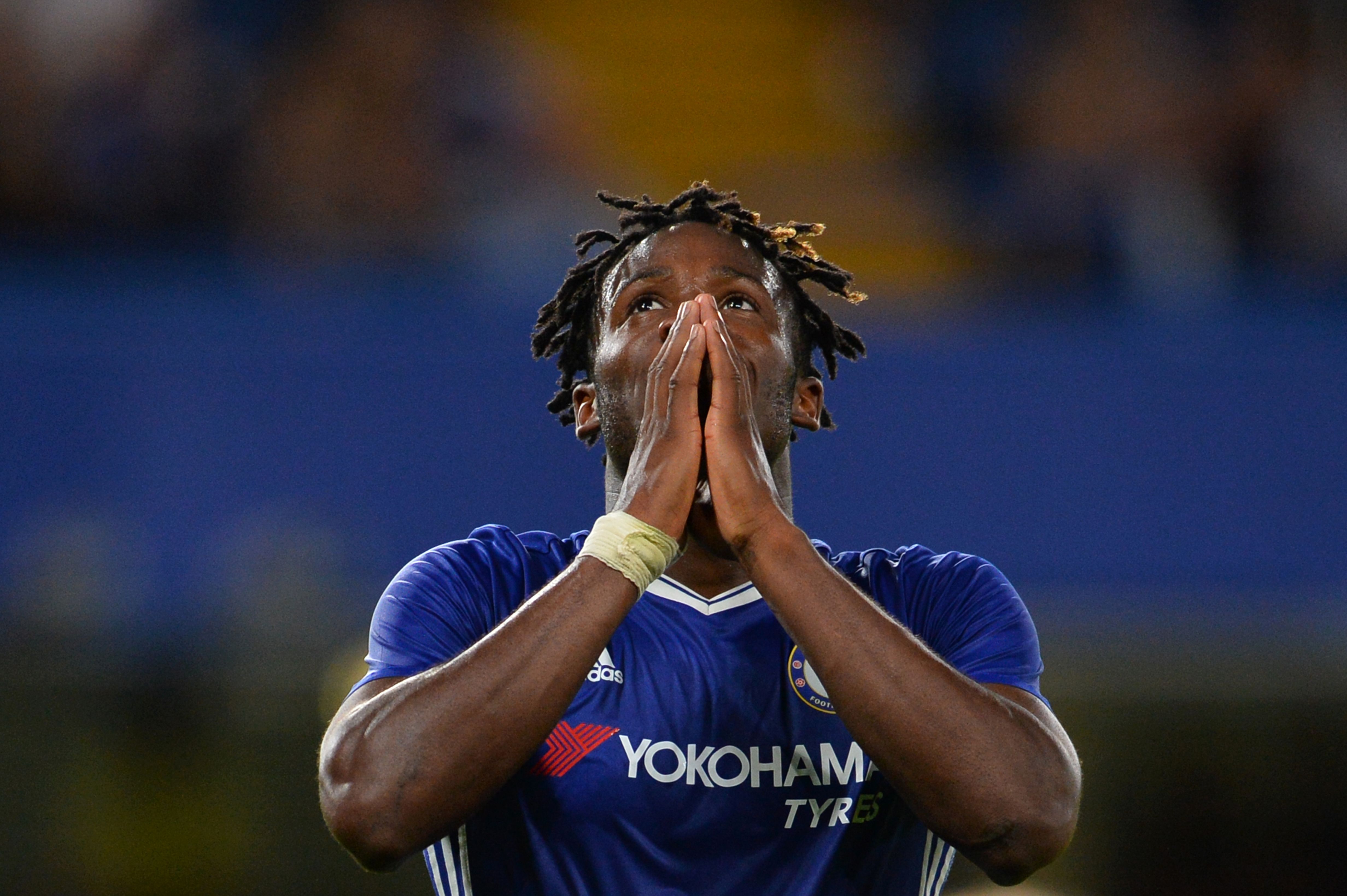 TOPSHOT - Chelsea's Belgian striker Michy Batshuayi reacts during the English League Cup second round football match between Chelsea and Bristol Rovers at Stamford Bridge in London on August 23, 2016. / AFP / GLYN KIRK / RESTRICTED TO EDITORIAL USE. No use with unauthorized audio, video, data, fixture lists, club/league logos or 'live' services. Online in-match use limited to 75 images, no video emulation. No use in betting, games or single club/league/player publications.  /         (Photo credit should read GLYN KIRK/AFP/Getty Images)