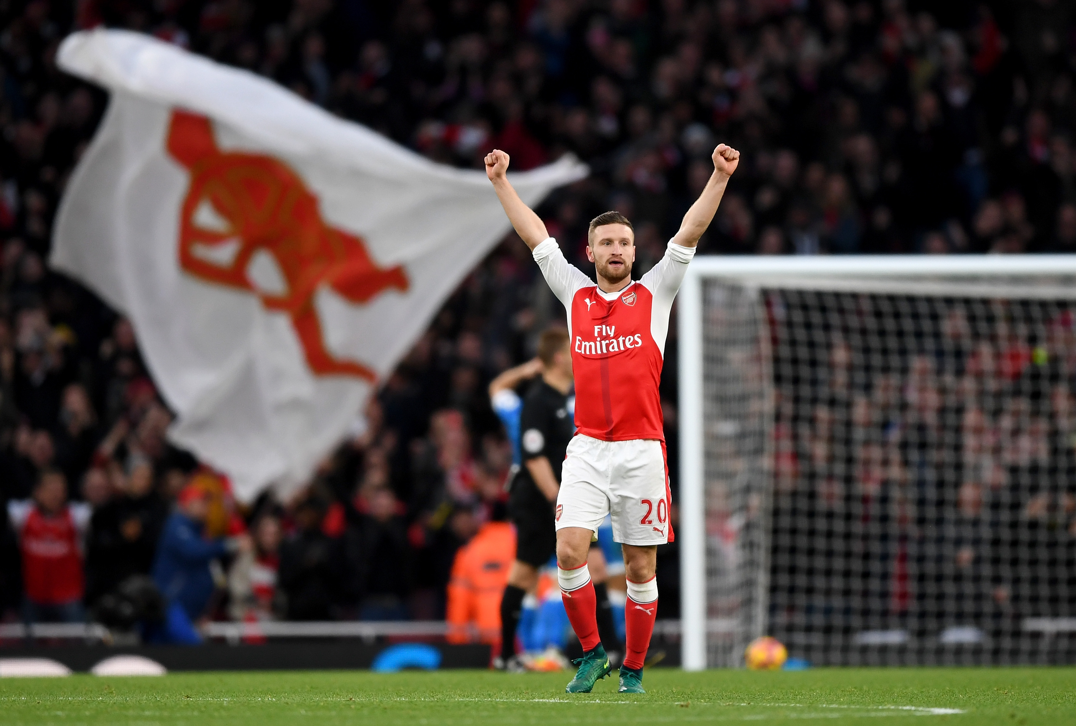 LONDON, ENGLAND - NOVEMBER 27:  Shkodran Mustafi of Arsenal celebrates his sides second goal during the Premier League match between Arsenal and AFC Bournemouth at Emirates Stadium on November 27, 2016 in London, England.  (Photo by Shaun Botterill/Getty Images)