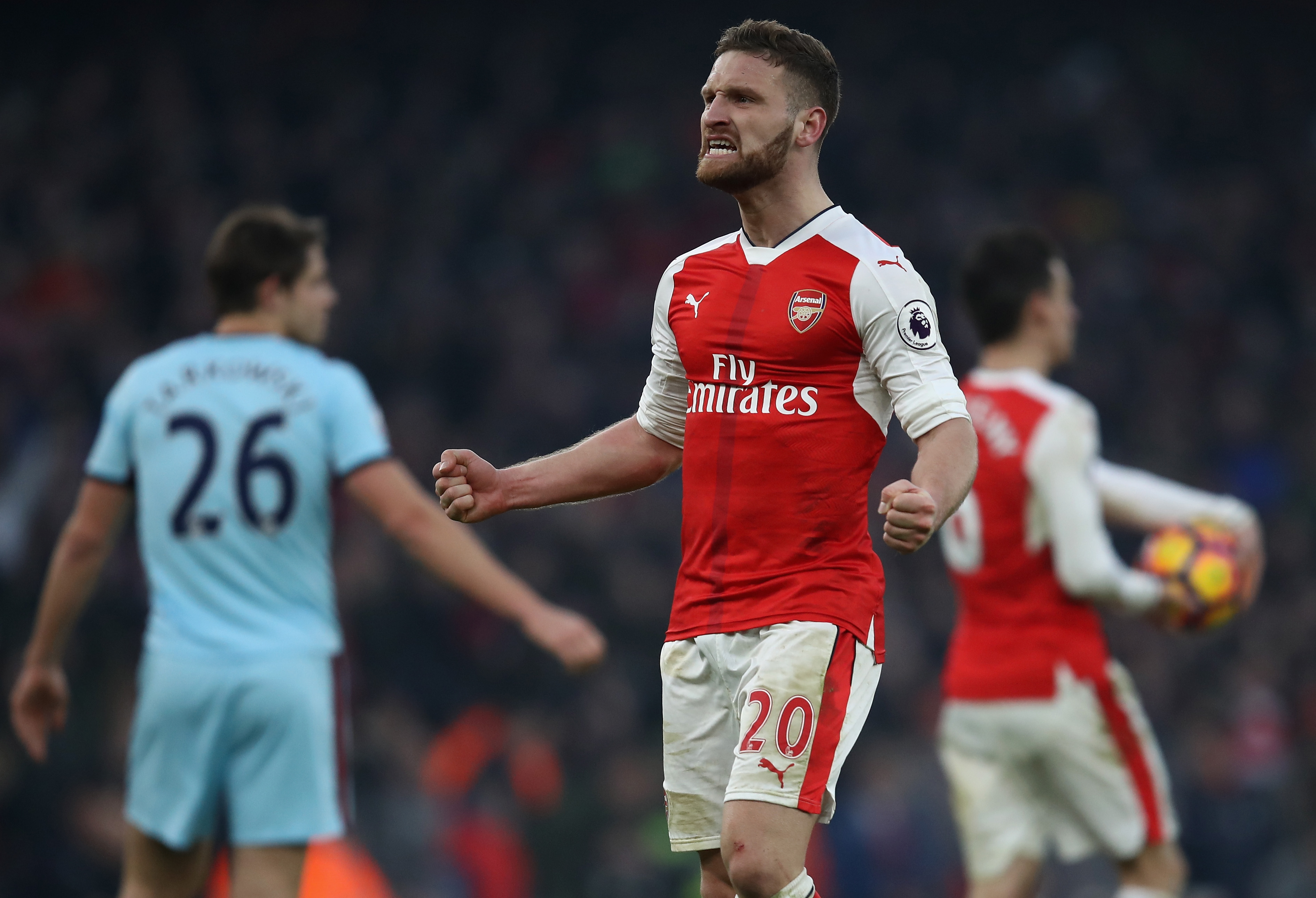 LONDON, ENGLAND - JANUARY 22:  Shkodran Mustafi of Arsenal celebrates his side's 2-1 win after the Premier League match between Arsenal and Burnley at the Emirates Stadium on January 22, 2017 in London, England.  (Photo by Julian Finney/Getty Images)