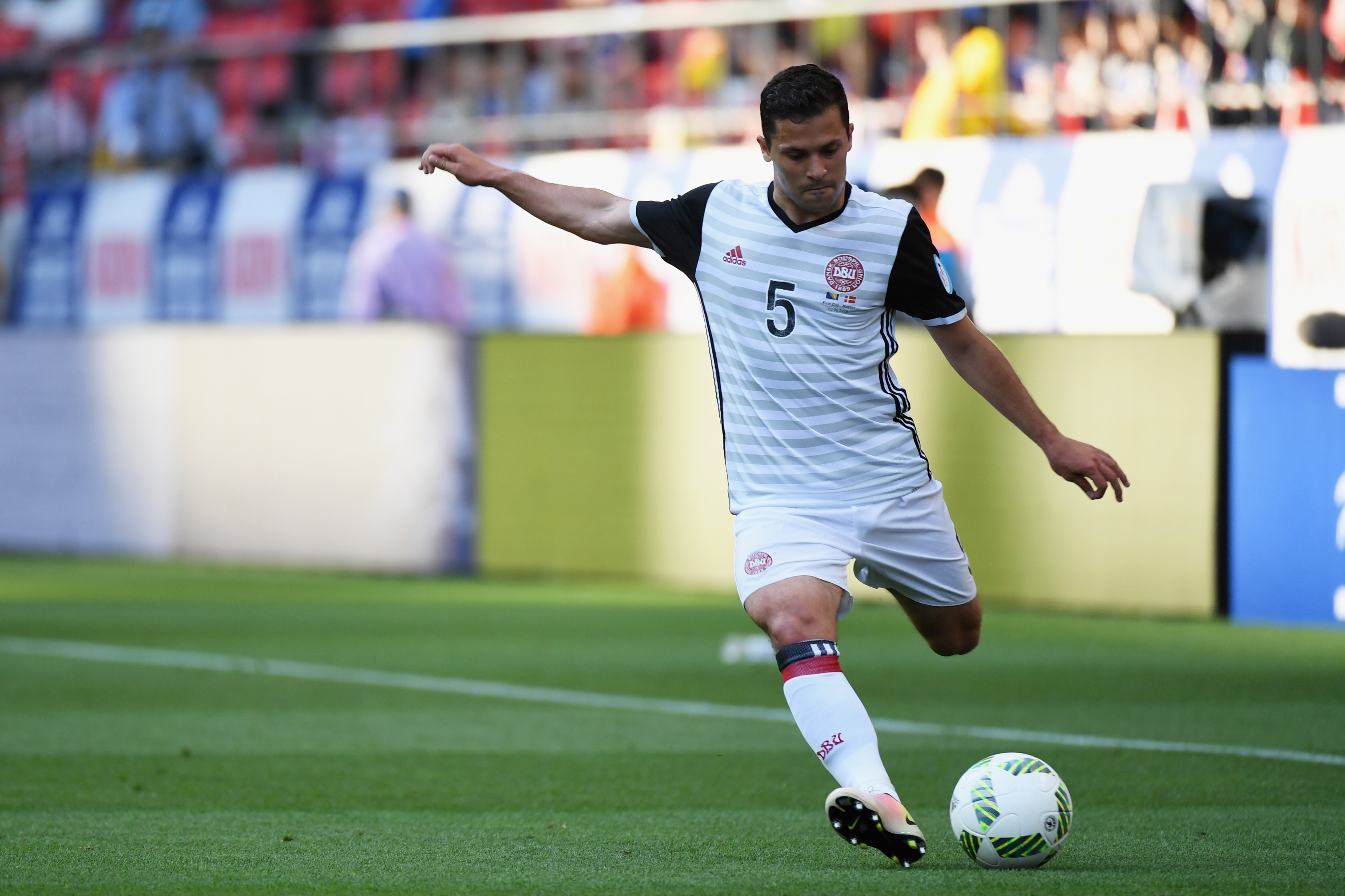 TOYOTA, JAPAN - JUNE 03:  Riza Durmisi of Denmark takes a free kick during the international friendly match between Bosnia and Herzegovina and Denmark at the Toyota Stadium on June 3, 2016 in Toyota, Aichi, Japan.  (Photo by Kaz Photography/Getty Images)