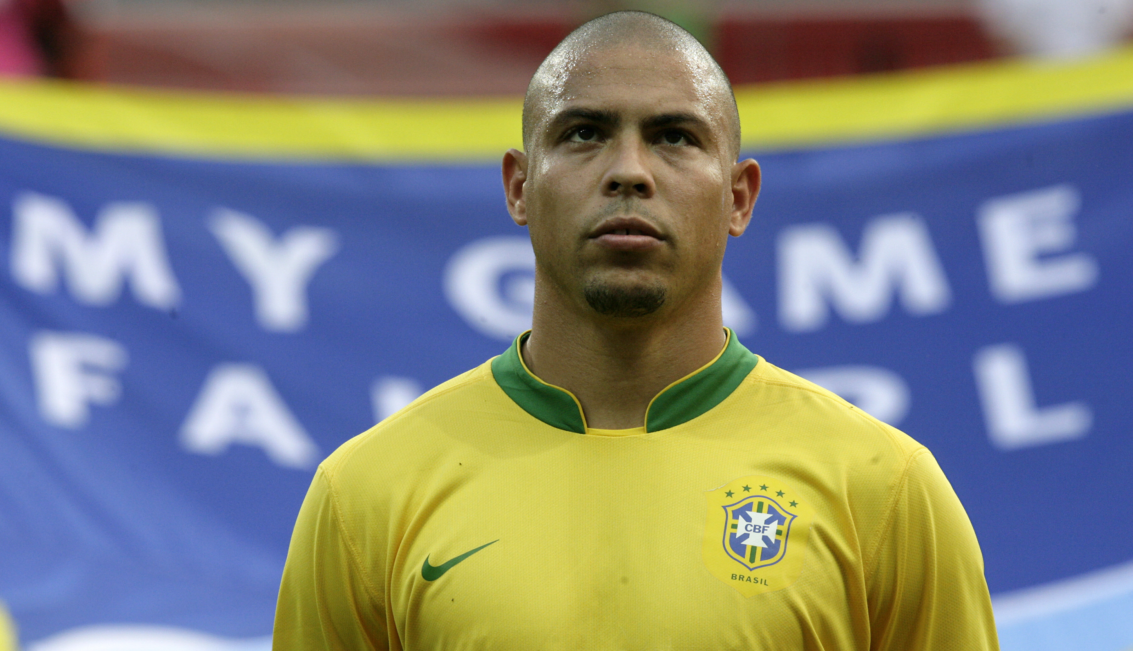 Brazilian forward Ronaldo listens to the national anthems at the start of the quarter-final World Cup football match between Brazil and France at Frankfurt's World Cup Stadium, 01 July 2006. The winner of this match will take on Portugal in the semifinals, who earlier beat England in a penalty shootout.    AFP PHOTO / ANTONIO SCORZA (Photo credit should read ANTONIO SCORZA/AFP/Getty Images)