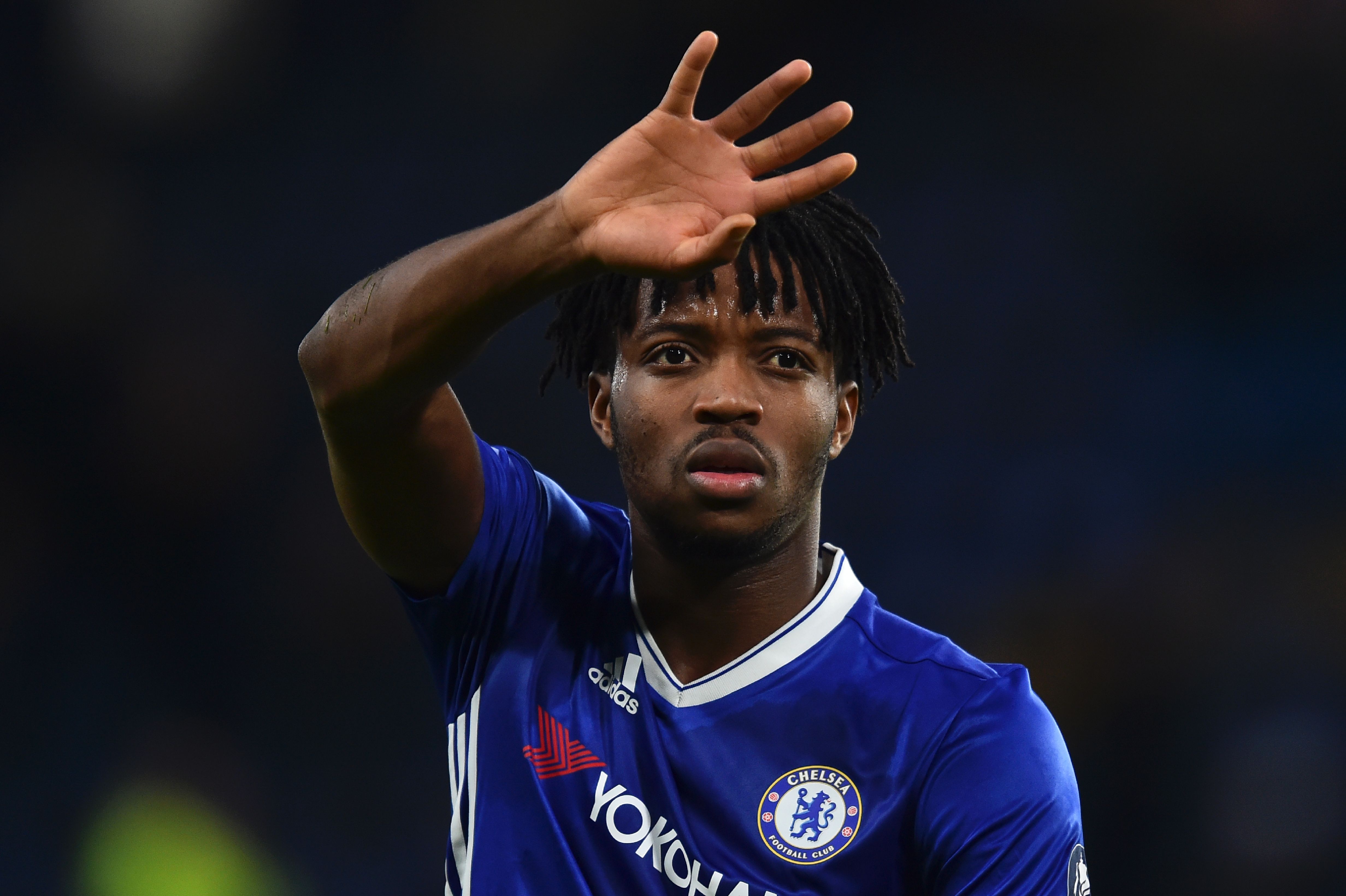 Chelsea's Nathaniel Chalobah waves at the crowd at the end of the English FA Cup fourth round football match between Chelsea and Brentford at Stamford Bridge in London on January 28, 2017. / AFP / Glyn KIRK / RESTRICTED TO EDITORIAL USE. No use with unauthorized audio, video, data, fixture lists, club/league logos or 'live' services. Online in-match use limited to 75 images, no video emulation. No use in betting, games or single club/league/player publications.  /         (Photo credit should read GLYN KIRK/AFP/Getty Images)