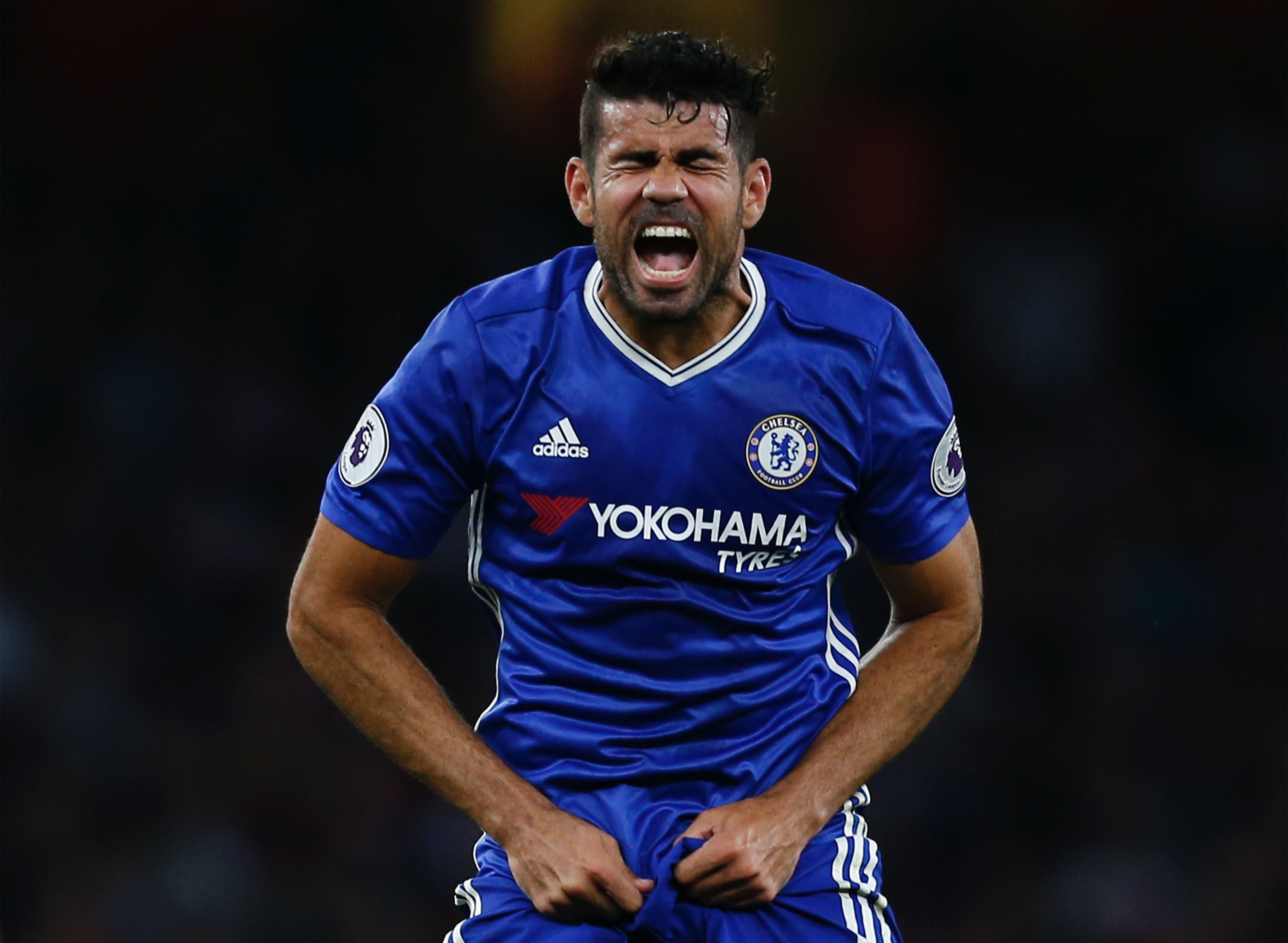 Chelsea's Brazilian-born Spanish striker Diego Costa reacts during the English Premier League football match between Arsenal and Chelsea at The Emirates stadium in London, on September 24, 2016. (Photo by Ian Kington/AFP/Getty Images)