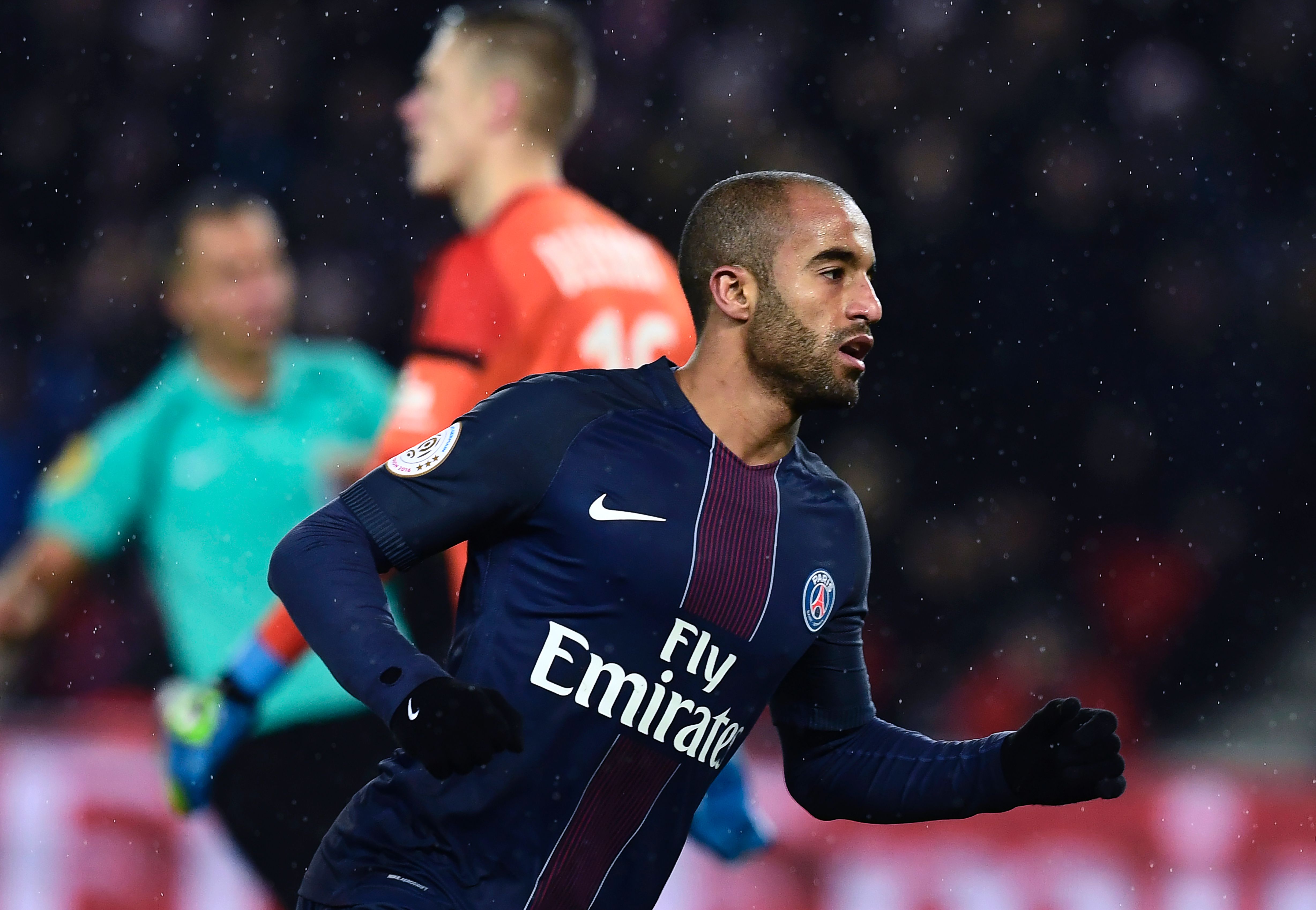 Paris Saint-Germain's Brazilian midfielder Lucas Moura reacts after scoring  during the French L1 football match between Paris Saint-Germain (PSG) and Lorient (FCL) at the Parc des Princes stadium in Paris, on December 21, 2016. / AFP / MIGUEL MEDINA        (Photo credit should read MIGUEL MEDINA/AFP/Getty Images)