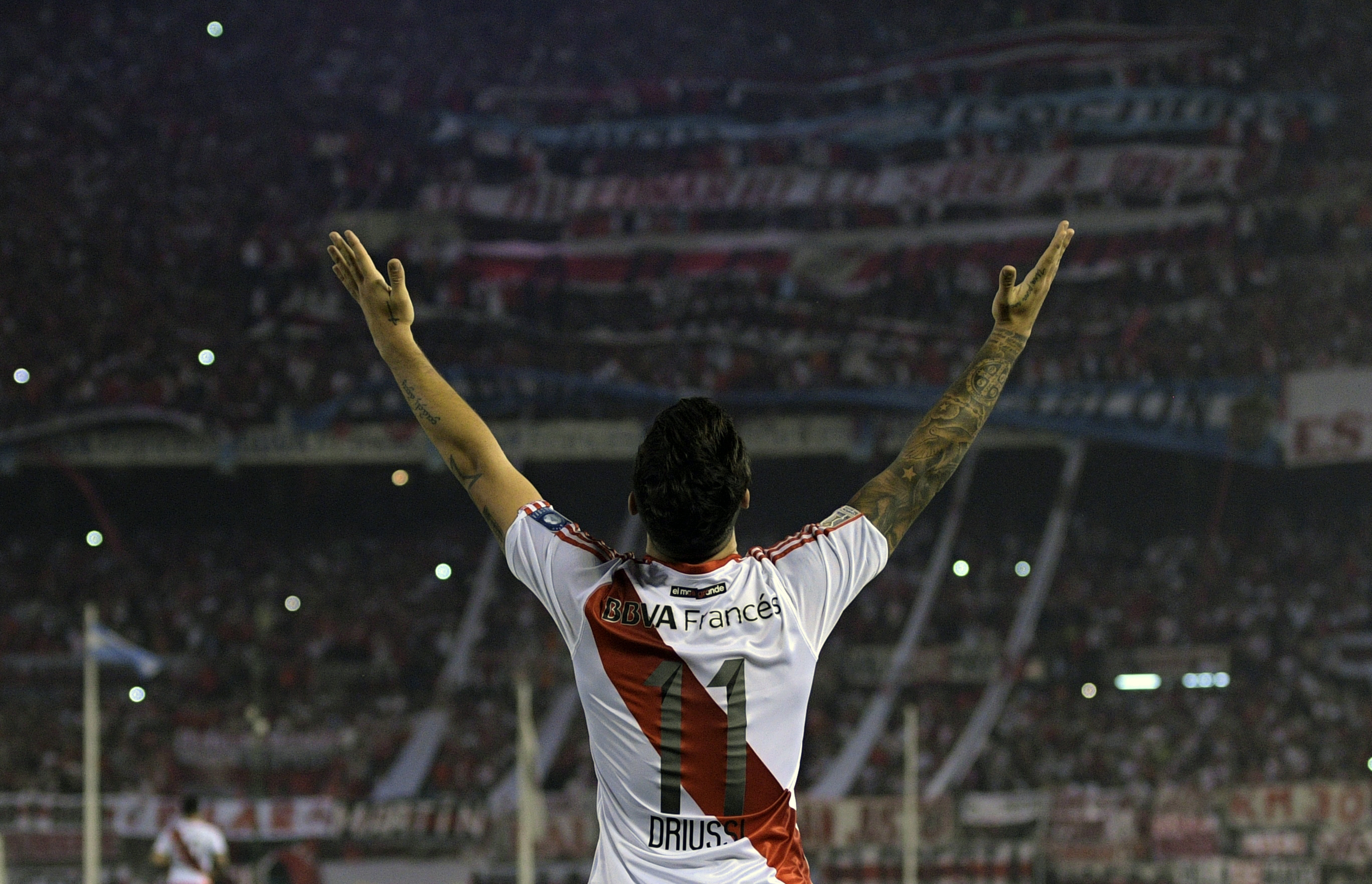 Argentina's River Plate forward Sebastian Driussi celebrates after scoring a goal against Colombia's Independiente Santa Fe during their Recopa Sudamericana 2016 second leg final football match at the Monumental stadium in Buenos Aires on August 25, 2016. / AFP / JUAN MABROMATA        (Photo credit should read JUAN MABROMATA/AFP/Getty Images)