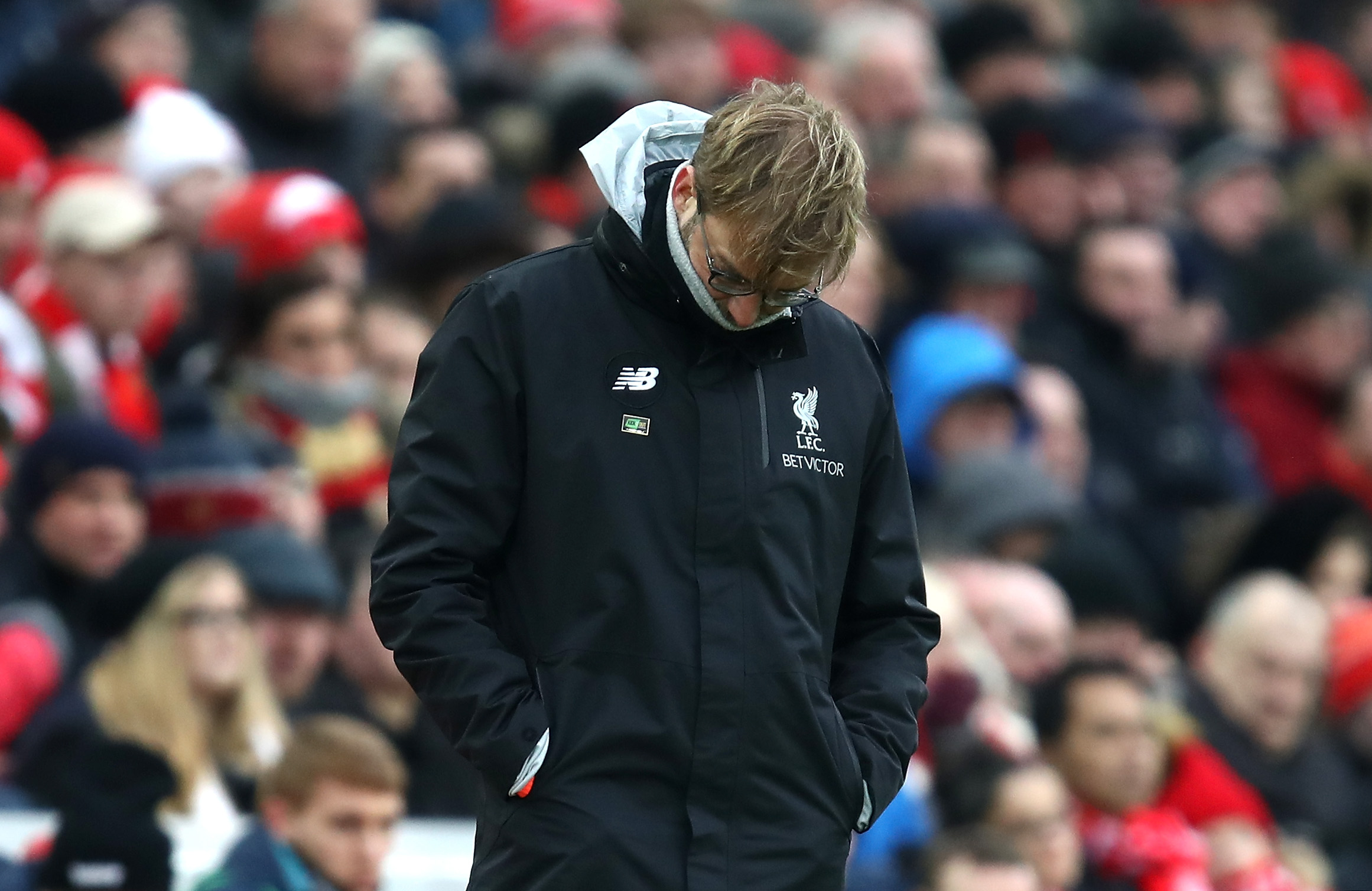 LIVERPOOL, ENGLAND - JANUARY 21: Jurgen Klopp, Manager of Liverpool looks dejected during the Premier League match between Liverpool and Swansea City at Anfield on January 21, 2017 in Liverpool, England.  (Photo by Julian Finney/Getty Images)