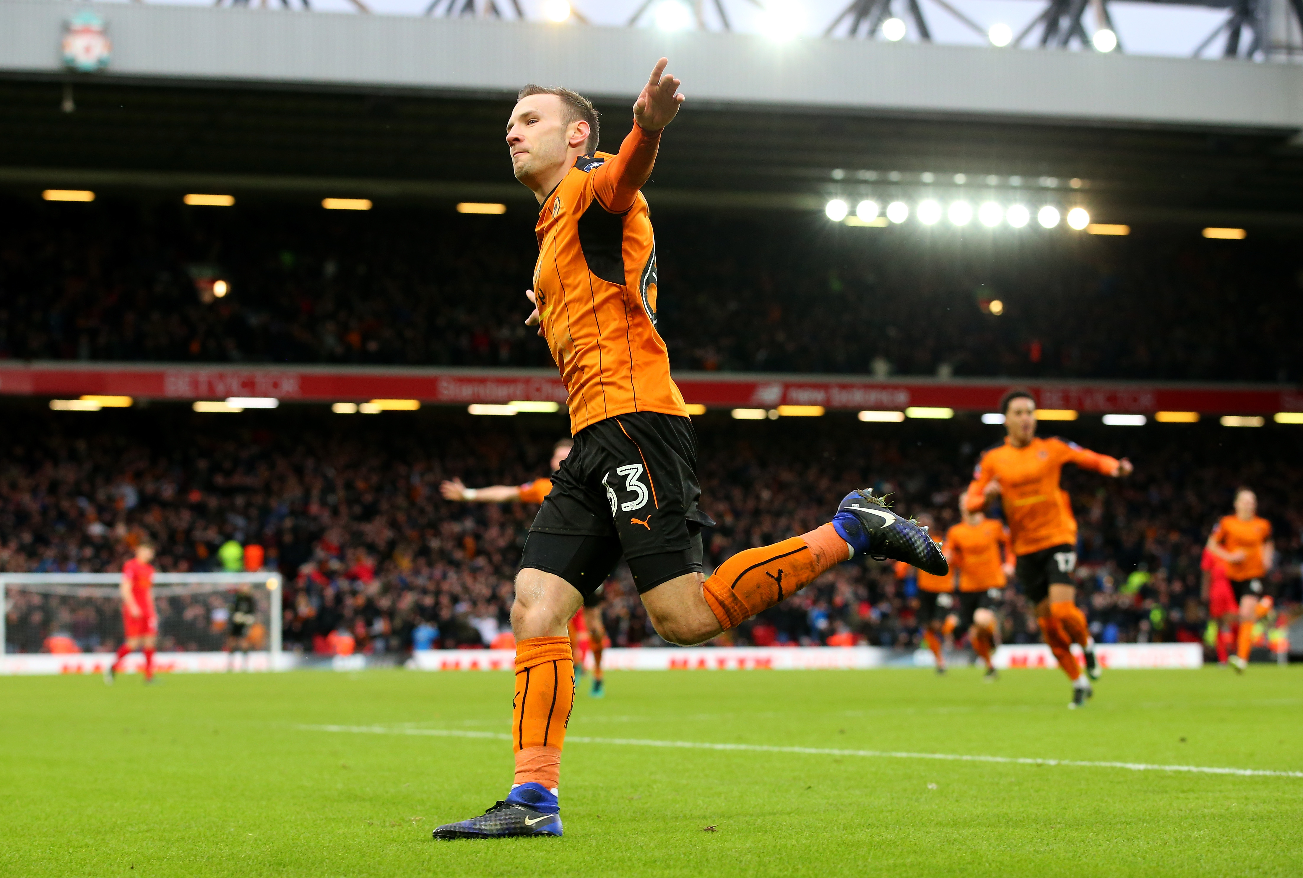 LIVERPOOL, ENGLAND - JANUARY 28:  Andreas Weimann of Wolverhampton Wanderers celebrates after scoring his sides second goal during the Emirates FA Cup Fourth Round match between Liverpool and Wolverhampton Wanderers at Anfield on January 28, 2017 in Liverpool, England.  (Photo by Alex Livesey/Getty Images)