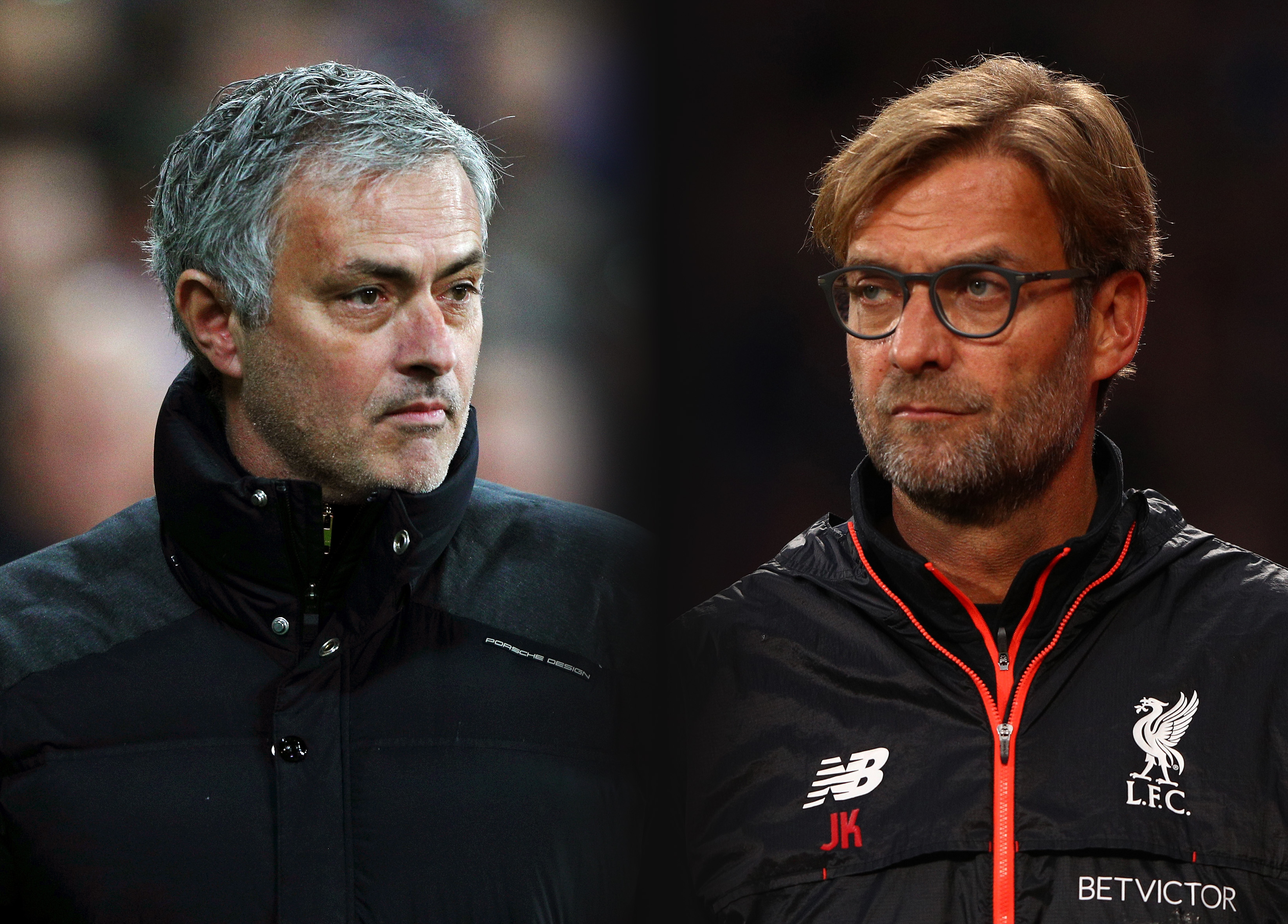 FILE PHOTO (EDITORS NOTE: GRADIENT ADDED - COMPOSITE OF TWO IMAGES - Image numbers (L) 630799888 and 619016290) In this composite image a comparision has been made between Jose Mourinho, Manager of Manchester United and Jurgen Klopp, Manager of Liverpool. Manchester United and Liverpool meet in a Premier League match on January 15,2017 at Old Trafford in Manchester.   ***LEFT IMAGE*** STRATFORD, ENGLAND - JANUARY 02: Jose Mourinho, Manager of Manchester United looks on during the Premier League match between West Ham United and Manchester United at London Stadium on January 2, 2017 in Stratford, England. (Photo by Ian Walton/Getty Images) ***RIGHT IMAGE*** LONDON, ENGLAND - OCTOBER 29: Jurgen Klopp, Manager of Liverpool looks on during the Premier League match between Crystal Palace and Liverpool at Selhurst Park on October 29, 2016 in London, England. (Photo by Ian Walton/Getty Images)