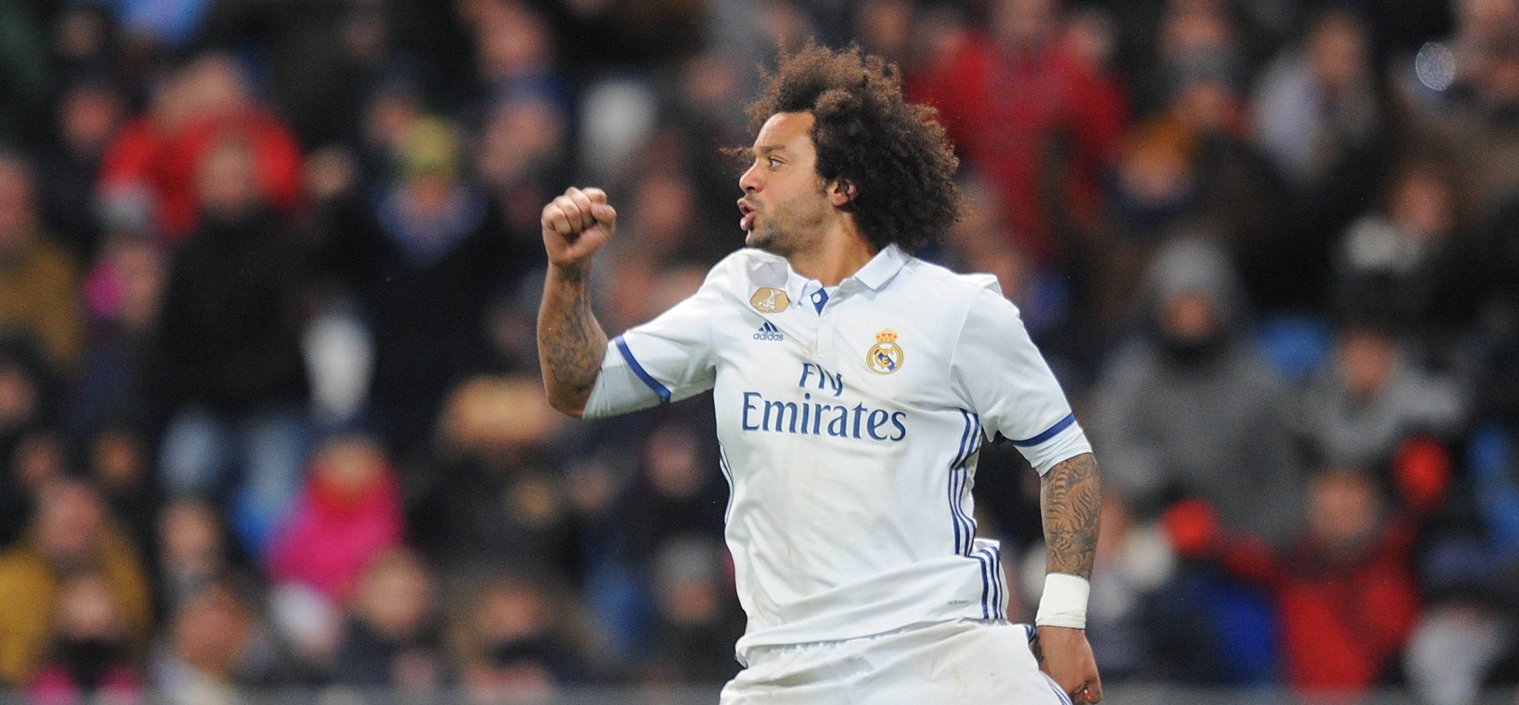 MADRID, SPAIN - JANUARY 18:  Marcelo of Real Madrid reacts after scoring his team's first goal during the Copa del Rey Quarter Final, First Leg match between Real Madrid CF and  Celta Vigo at Bernabeu on January 18, 2017 in Madrid, Spain.  (Photo by Denis Doyle/Getty Images)