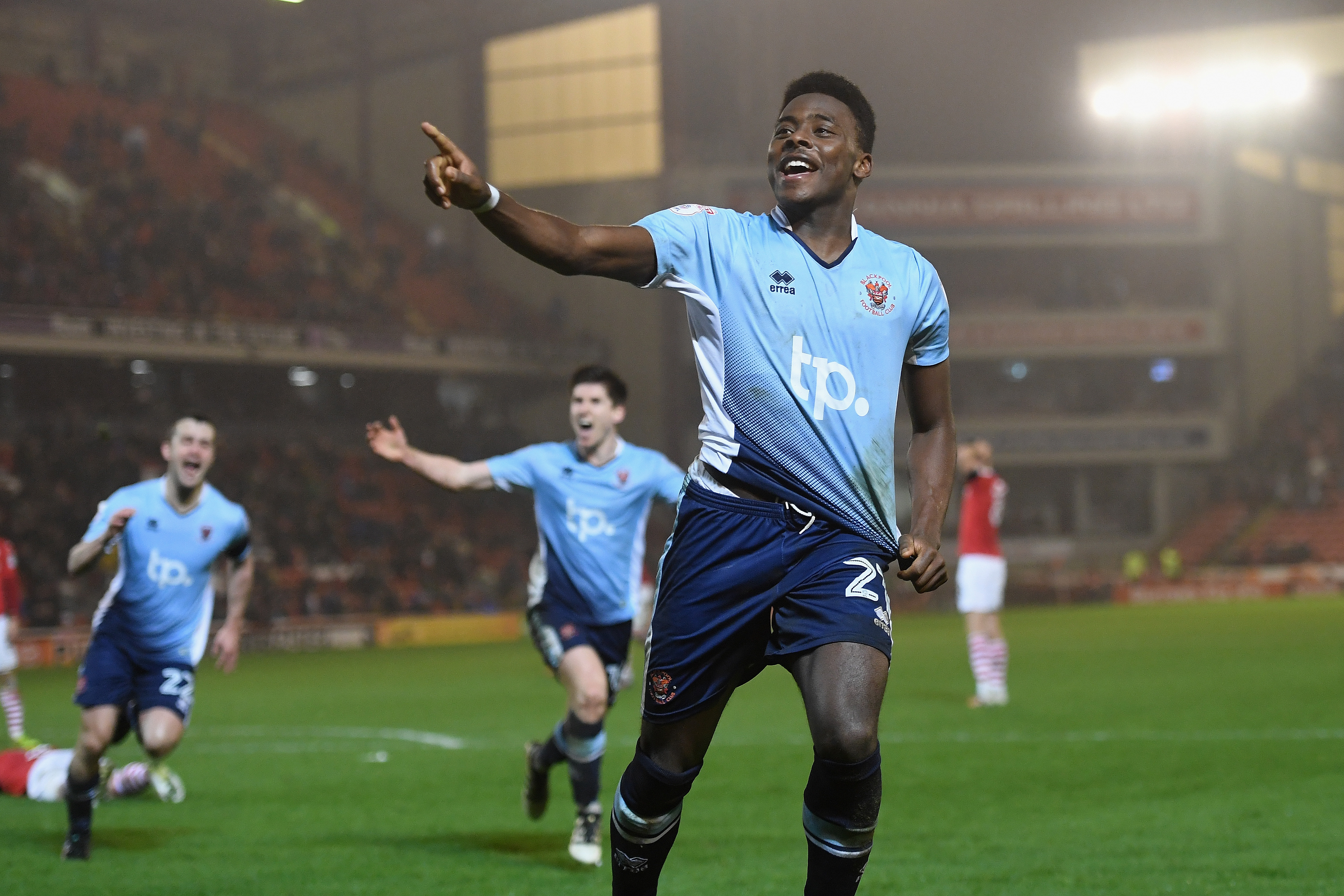 BARNSLEY, ENGLAND - JANUARY 17: Bright Osayi-Samuel of Blackpool celebrates scoring to make it 2-1 during the The Emirates FA Cup Third Round Replay between Barnsley and Blackpool at Oakwell Stadium on January 17, 2017 in Barnsley, England.  (Photo by Michael Regan/Getty Images)