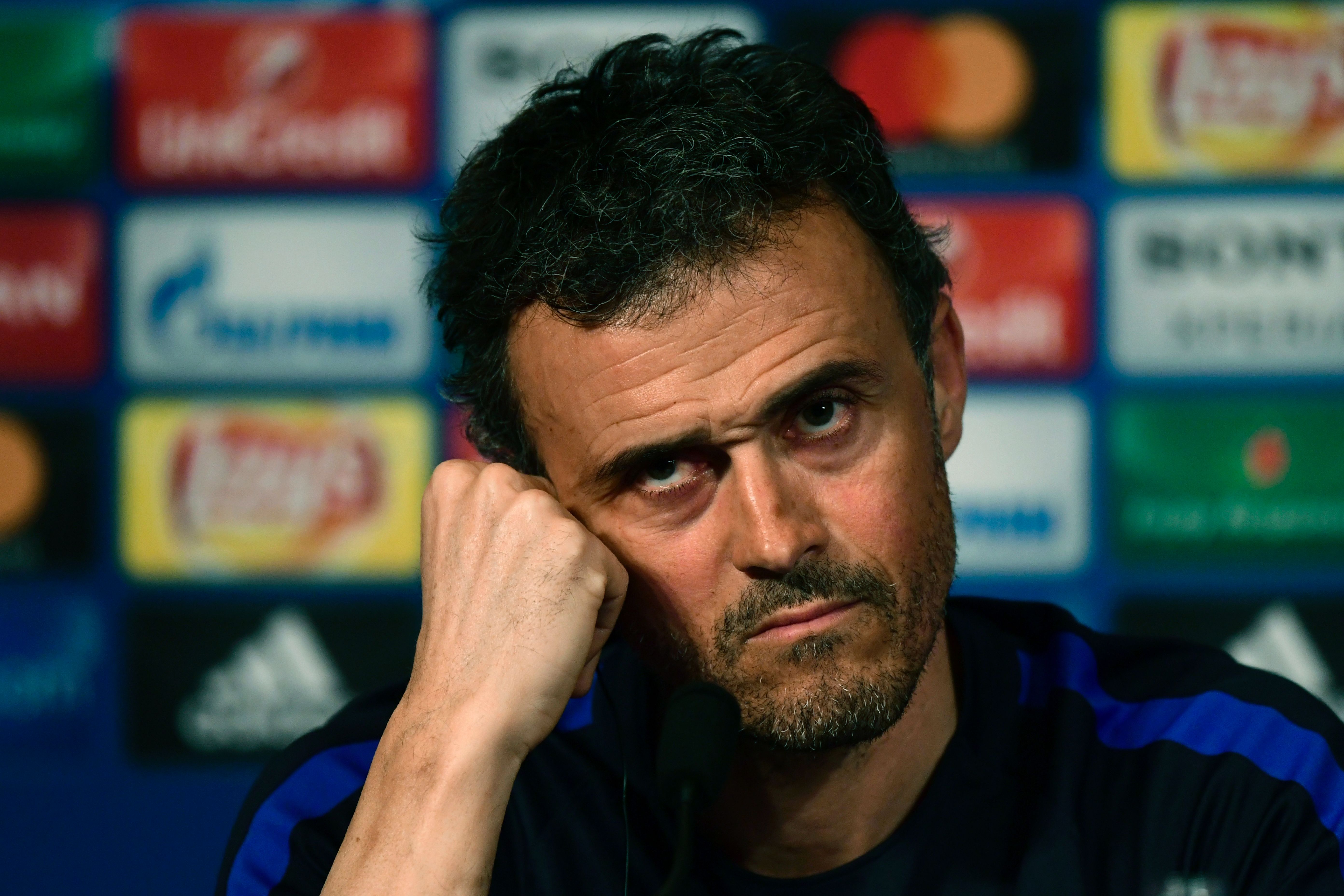 FC Barcelona coach Luis Enrique looks over during the press conference on the eve of the Champions League last 16 first leg against (PSG) Paris Saint-Germain, at the stade de France on February 13, 2017. / AFP / CHRISTOPHE SIMON        (Photo credit should read CHRISTOPHE SIMON/AFP/Getty Images)