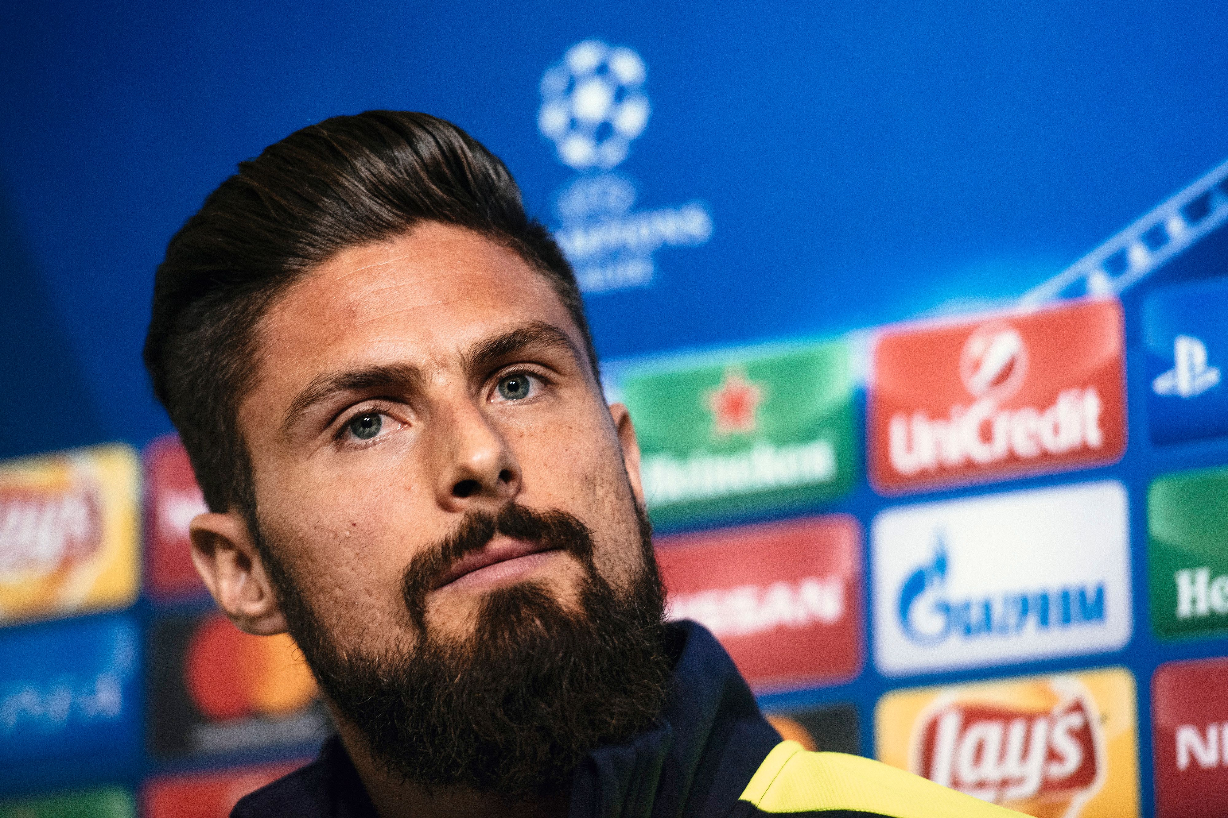 Arsenal's French forward Olivier Giroud gives a press conference on the eve of the UEFA Champions League group A football match between Ludogorets and Arsenal in Sofia on October 31, 2016.   / AFP / DIMITAR DILKOFF        (Photo credit should read DIMITAR DILKOFF/AFP/Getty Images)