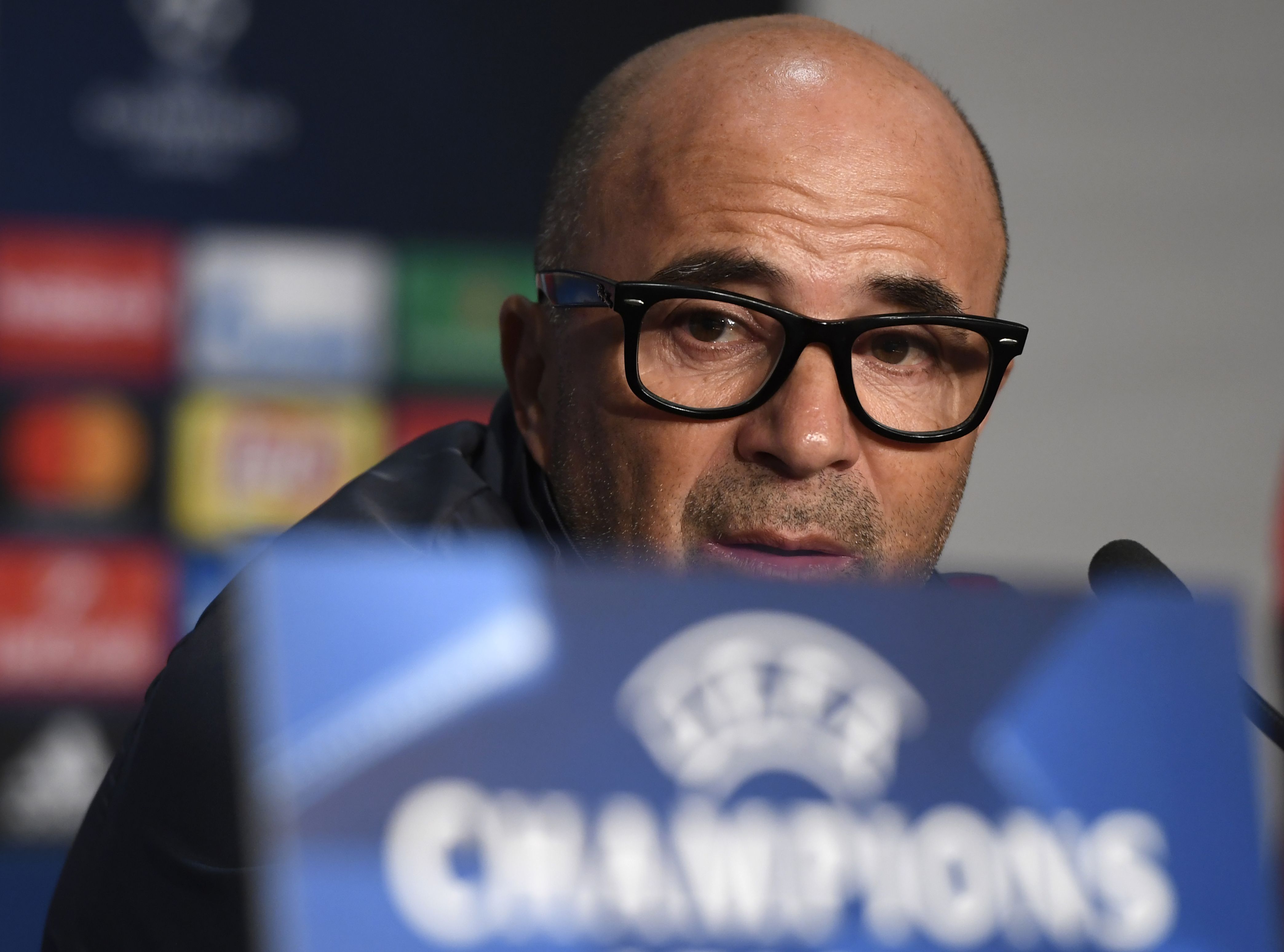 Sevilla's Argentinian head coach Jorge Sampaoli gives a press conference on the eve of the UEFA Champions League group H football match between Olympique Lyonnais and FC Sevilla on December 6, 2016, at the Parc Olympique Lyonnais in Décines-Charpieu near Lyon, southeastern France.   / AFP / PHILIPPE DESMAZES        (Photo credit should read PHILIPPE DESMAZES/AFP/Getty Images)