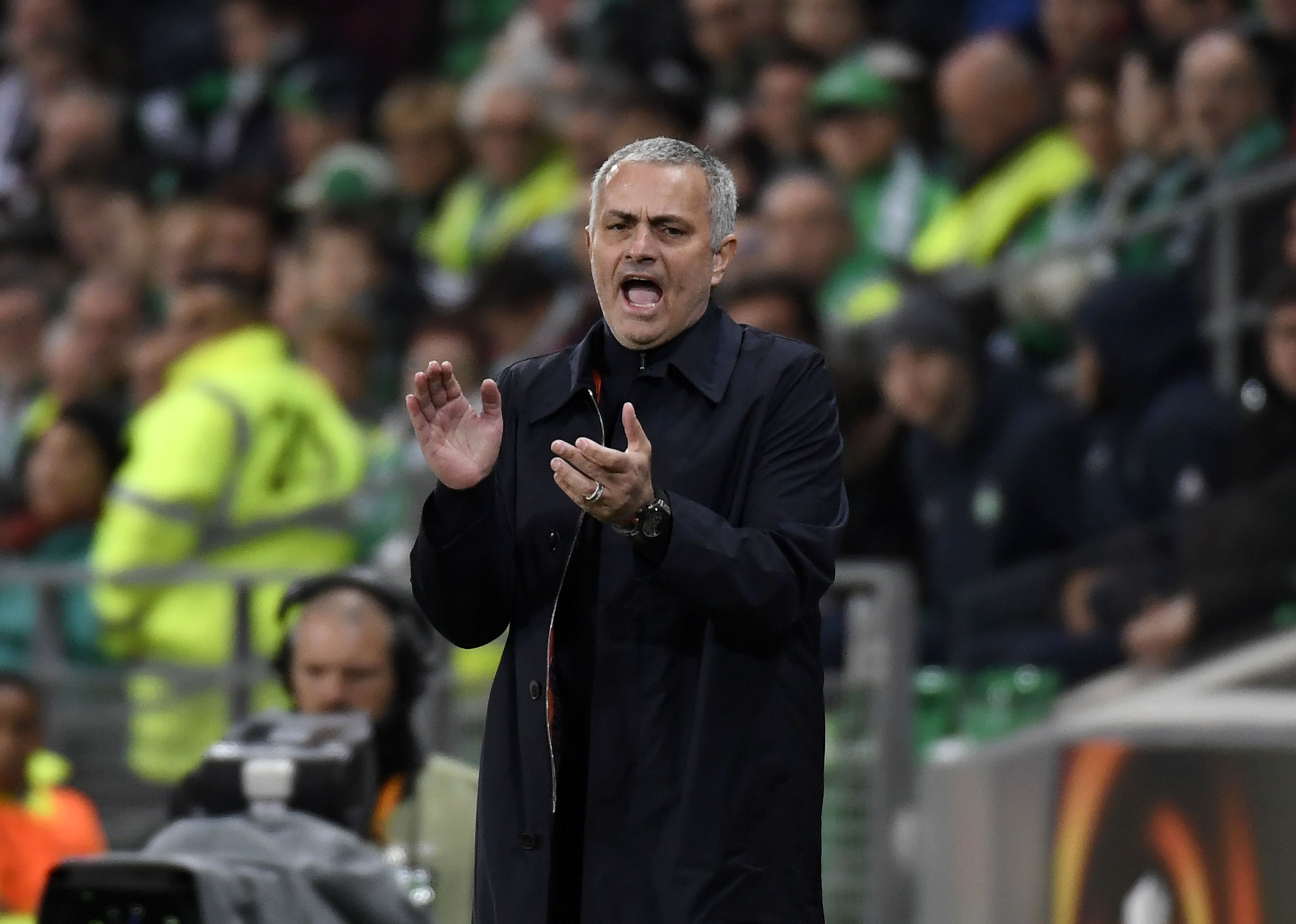 Manchester United's Portuguese coach Jose Mourinho gestures during the UEFA Europa League football match between AS Saint-Etienne and Manchester United on February 22, 2017, at the Geoffroy Guichard stadium in Saint-Etienne, central France. / AFP / PHILIPPE DESMAZES        (Photo credit should read PHILIPPE DESMAZES/AFP/Getty Images)