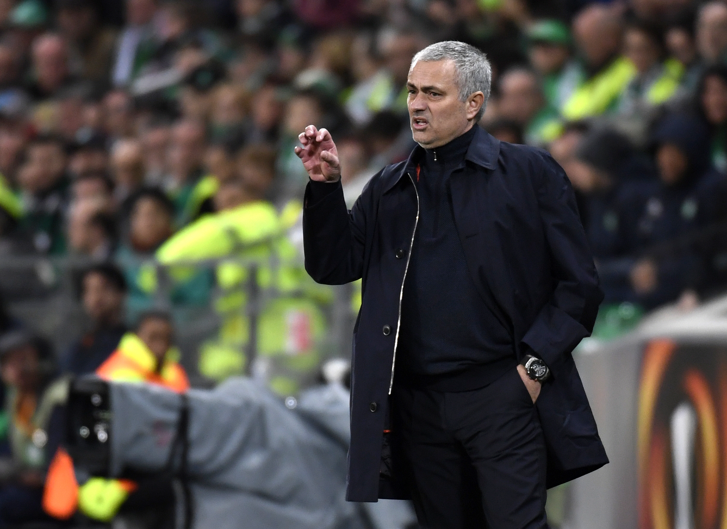 Manchester United's Portuguese coach Jose Mourinho gestures during the UEFA Europa League football match between AS Saint-Etienne and Manchester United on February 22, 2017, at the Geoffroy Guichard stadium in Saint-Etienne, central France. / AFP / PHILIPPE DESMAZES        (Photo credit should read PHILIPPE DESMAZES/AFP/Getty Images)