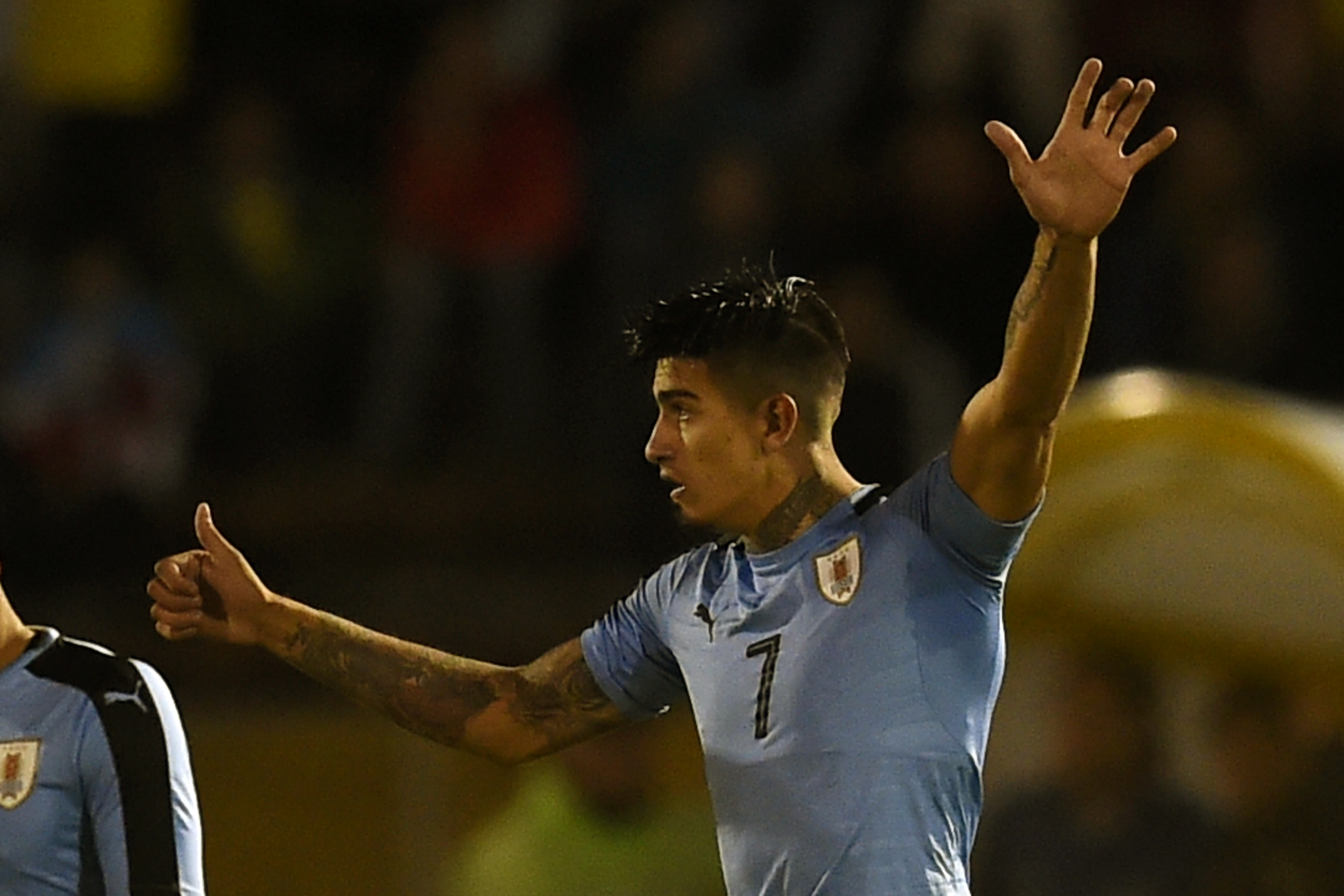 Uruguay's player Joaquin Ardaiz celebrates after scoring against Ecuador, during their South American Championship U-20 football match at the Olimpico Atahualpa stadium in Quito on February 11, 2017. / AFP / RODRIGO BUENDIA        (Photo credit should read RODRIGO BUENDIA/AFP/Getty Images)