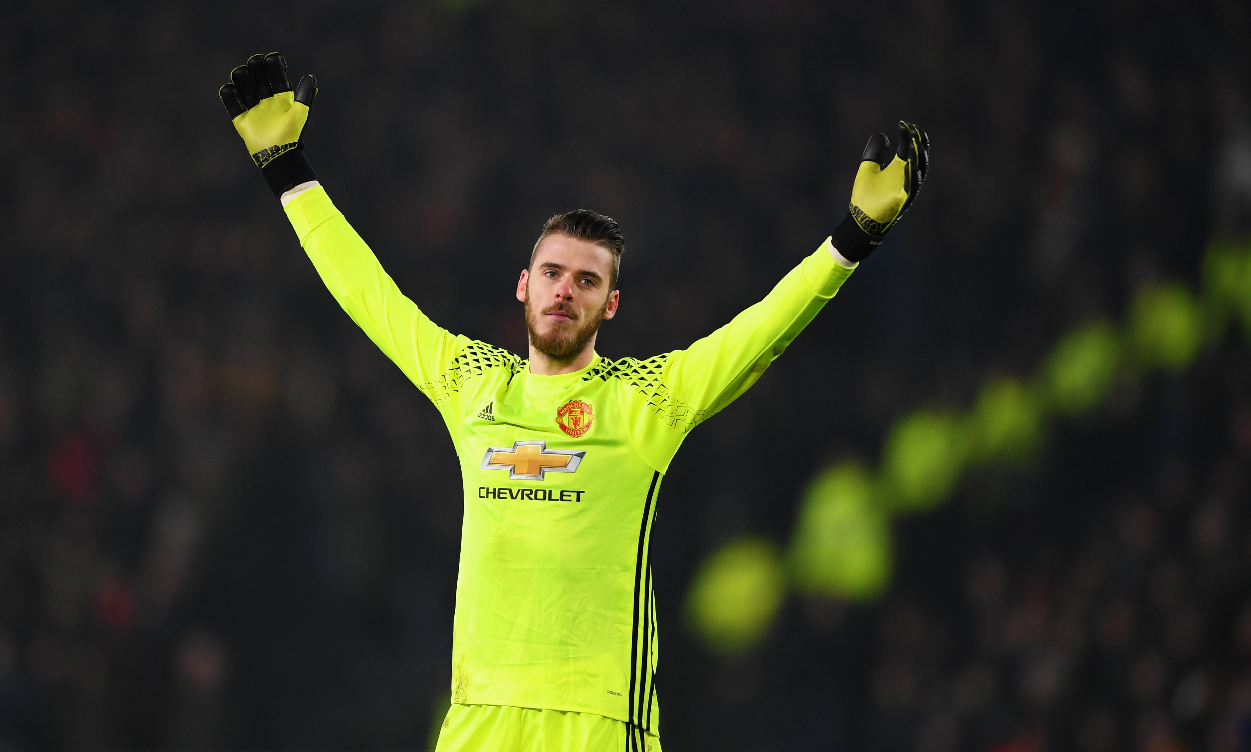 HULL, ENGLAND - JANUARY 26:  David De Gea of Manchester United reacts during the EFL Cup Semi-Final second leg match between Hull City and Manchester United at KCOM Stadium on January 26, 2017 in Hull, England.  (Photo by Gareth Copley/Getty Images)