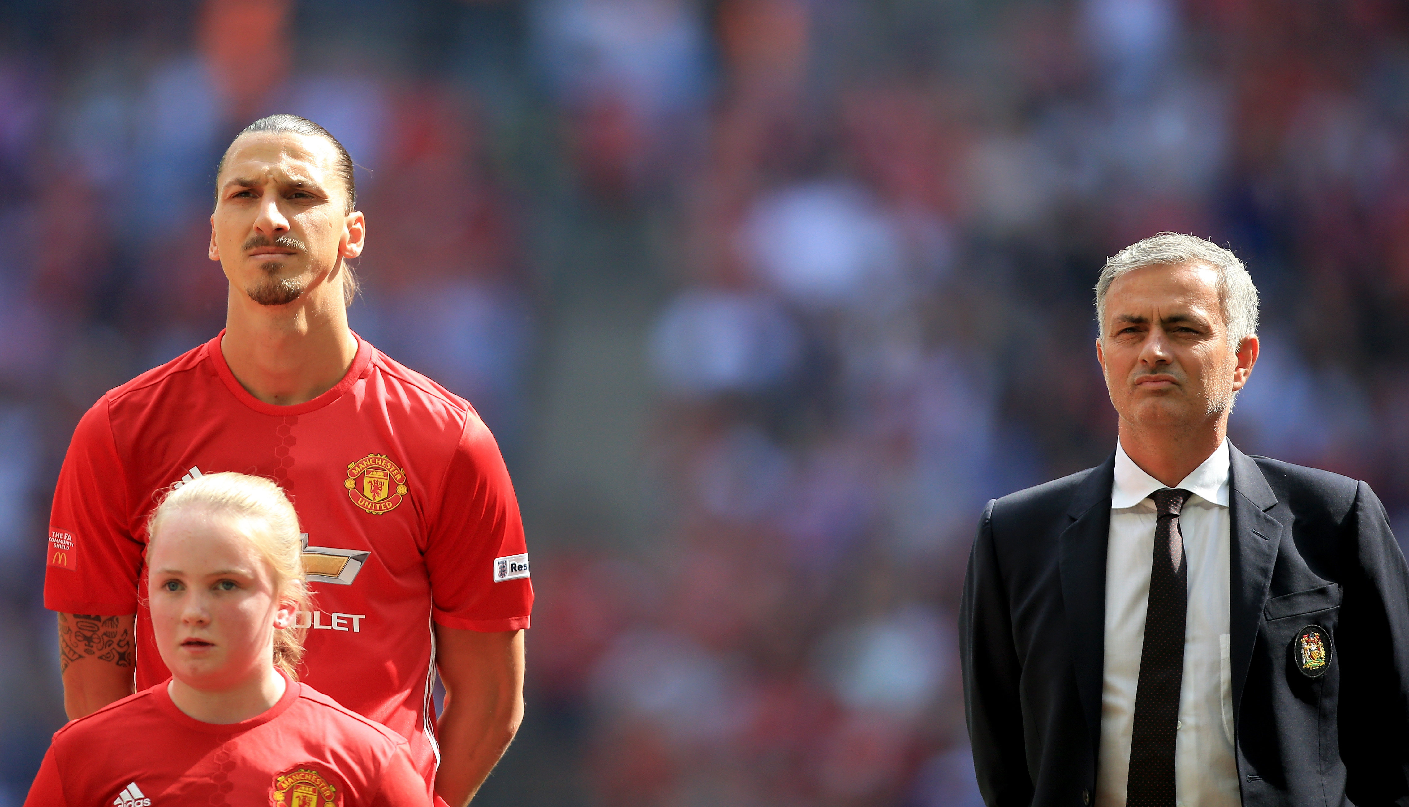 LONDON, ENGLAND - AUGUST 07: (L) Zlatan Ibrahimovic of Manchester United and (R) Manager of Manchester United, Jose Mourinho line up before kick off during The FA Community Shield match between Leicester City and Manchester United at Wembley Stadium on August 7, 2016 in London, England.  (Photo by Ben Hoskins/Getty Images)