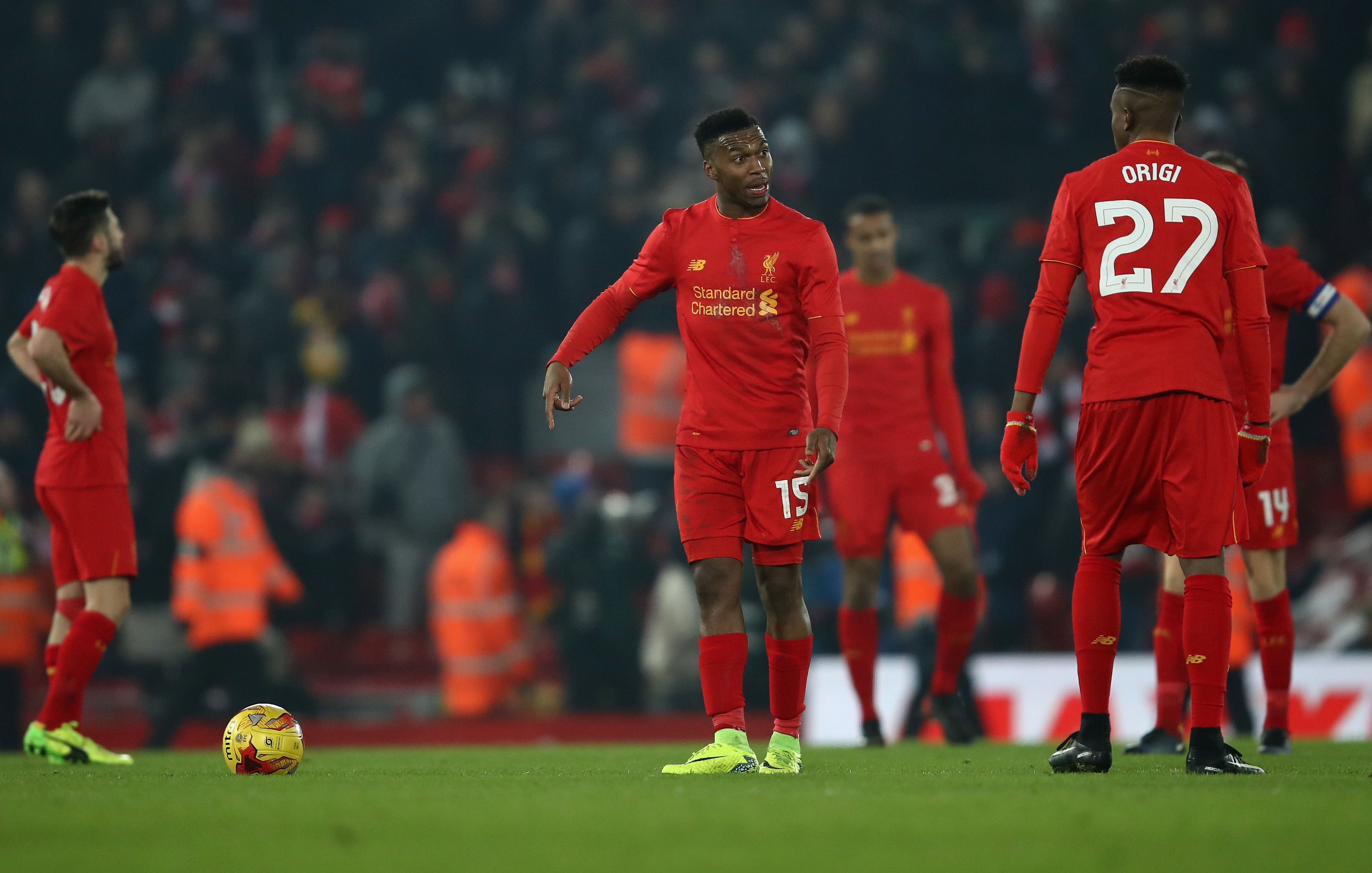 LIVERPOOL, ENGLAND - JANUARY 25:  Daniel Sturridge of Liverpool speaks with Divock Origi of Liverpool after conceding a goal during the EFL Cup Semi-Final Second Leg match between Liverpool and Southampton at Anfield on January 25, 2017 in Liverpool, England.  (Photo by Julian Finney/Getty Images)