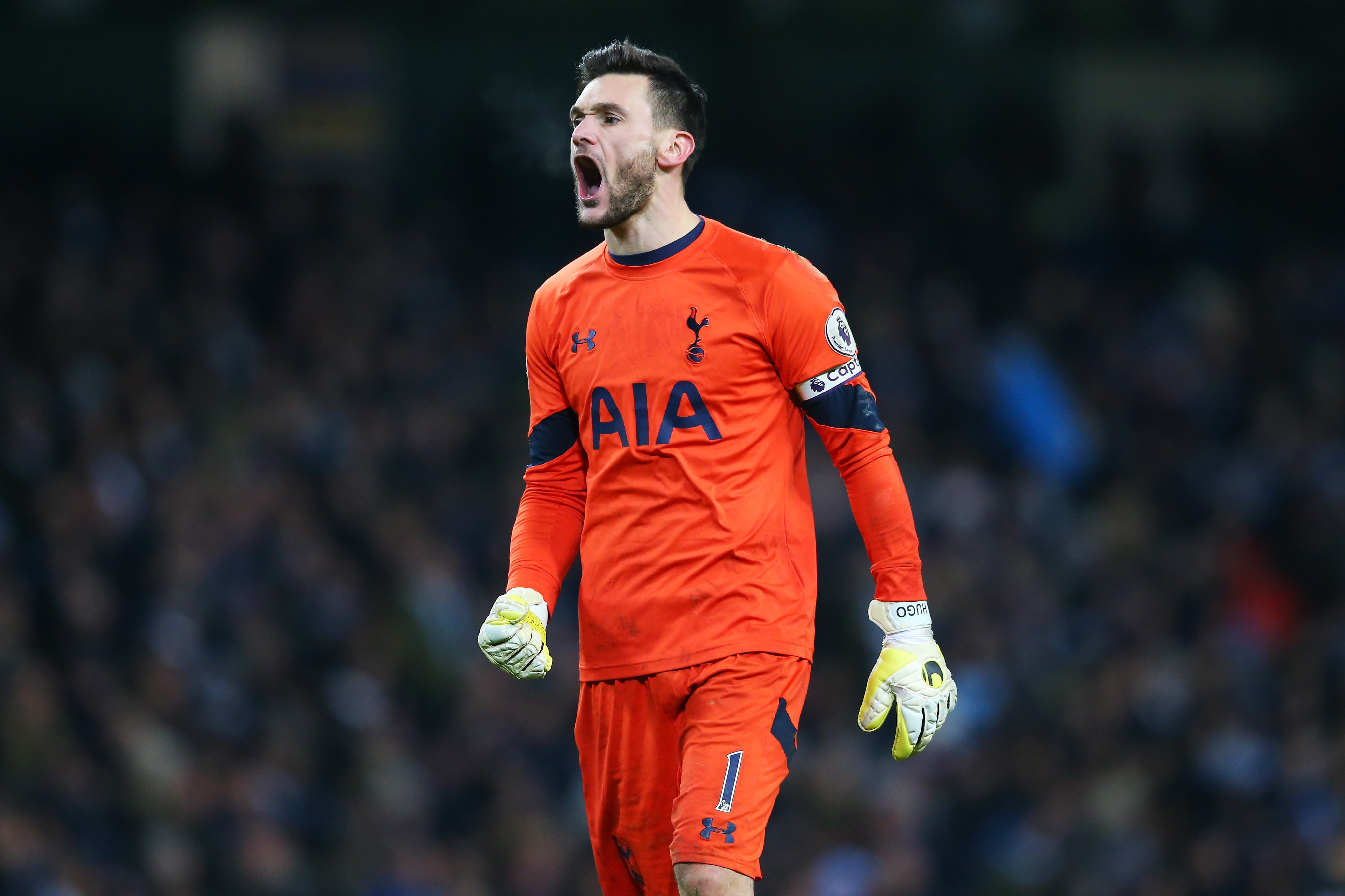 MANCHESTER, ENGLAND - JANUARY 21: Hugo Lloris of Tottenham Hotspur celebrates his sides second goal during the Premier League match between Manchester City and Tottenham Hotspur at the Etihad Stadium on January 21, 2017 in Manchester, England.  (Photo by Alex Livesey/Getty Images)