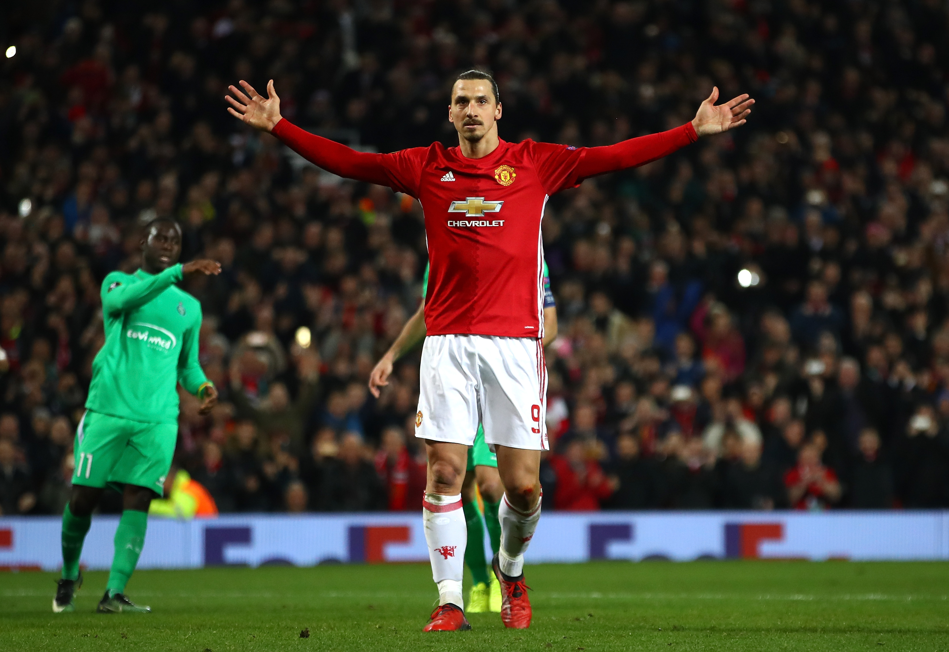 MANCHESTER, ENGLAND - FEBRUARY 16:  Zlatan Ibrahimovic of Manchester United celebrates after scoring his third and his sides third goal during the UEFA Europa League Round of 32 first leg match between Manchester United and AS Saint-Etienne at Old Trafford on February 16, 2017 in Manchester, United Kingdom.  (Photo by Clive Brunskill/Getty Images)