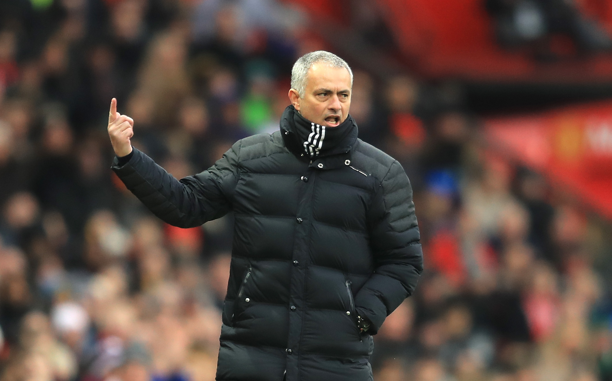 MANCHESTER, ENGLAND - FEBRUARY 11:  Jose Mourinho, Manager of Manchester United gestures to the crowd during the Premier League match between Manchester United and Watford at Old Trafford on February 11, 2017 in Manchester, England.  (Photo by Richard Heathcote/Getty Images)