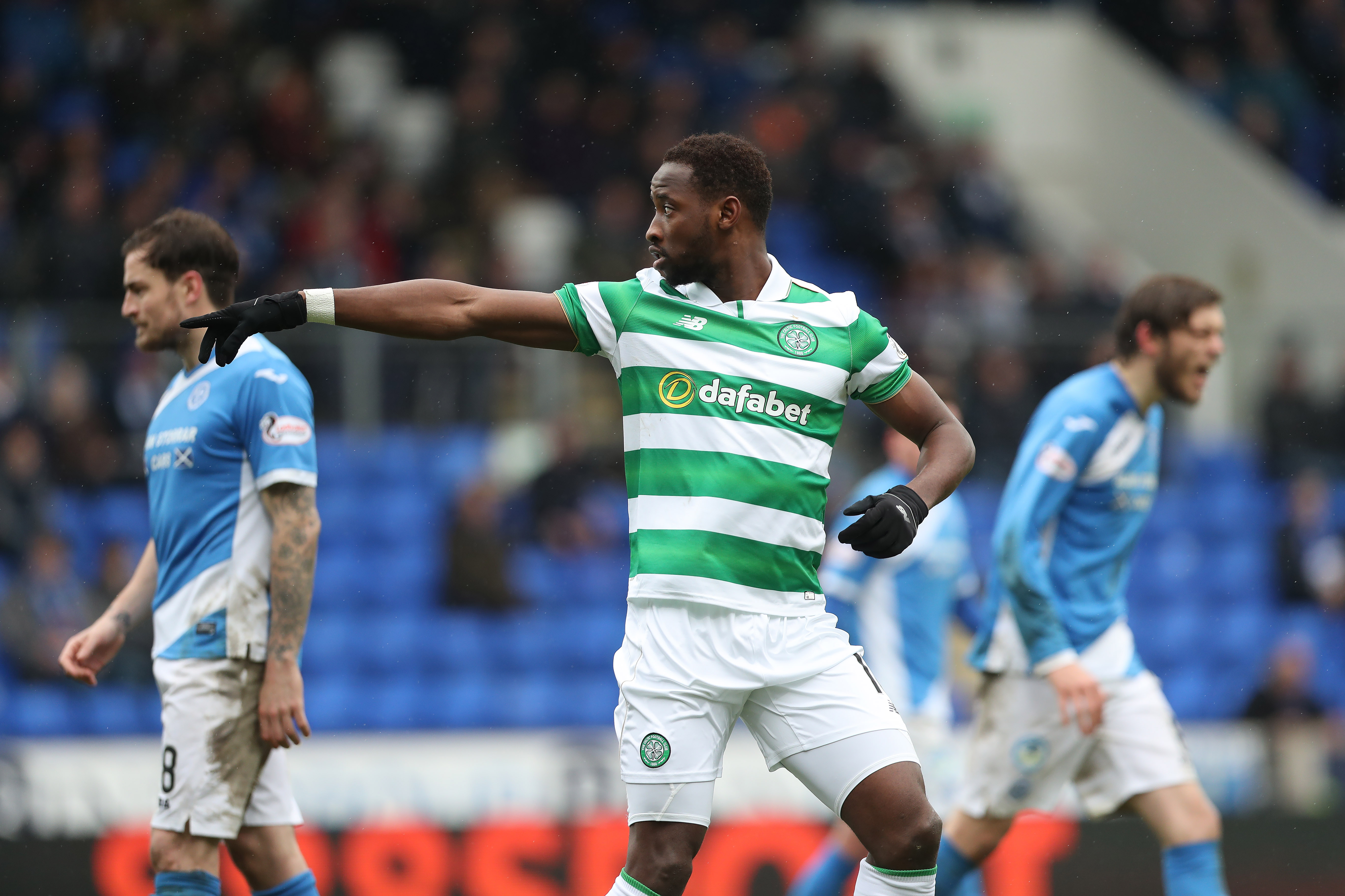 PERTH, SCOTLAND - FEBRUARY 05:  Moussa Dembele of Celtic celebrates after he scores from the penalty spot during the Ladbrokes Scottish Premiership match between St Johnstone and Celtic at McDiarmid Park at  on February 5, 2017 in Perth, Scotland. (Photo by Ian MacNicol/Getty Images)