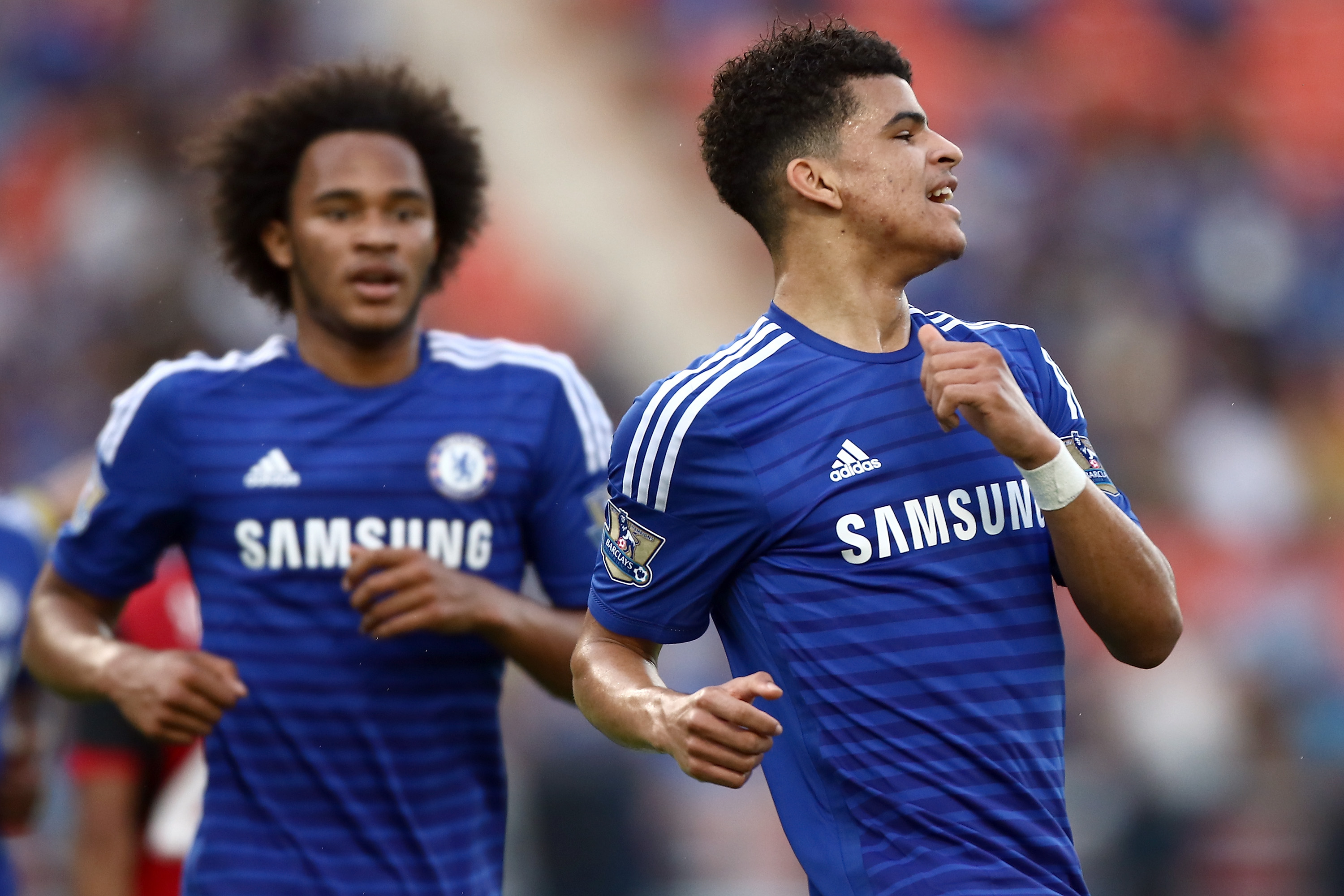 BANGKOK, THAILAND - MAY 30:  Dominic Solanke (R) of Chelsea reacts after scoring against Thailand All-Stars during the international friendly match between Thailand All-Stars and Chelsea FC at Rajamangala Stadium on May 30, 2015 in Bangkok, Thailand.  (Photo by Stanley Chou/Getty Images)