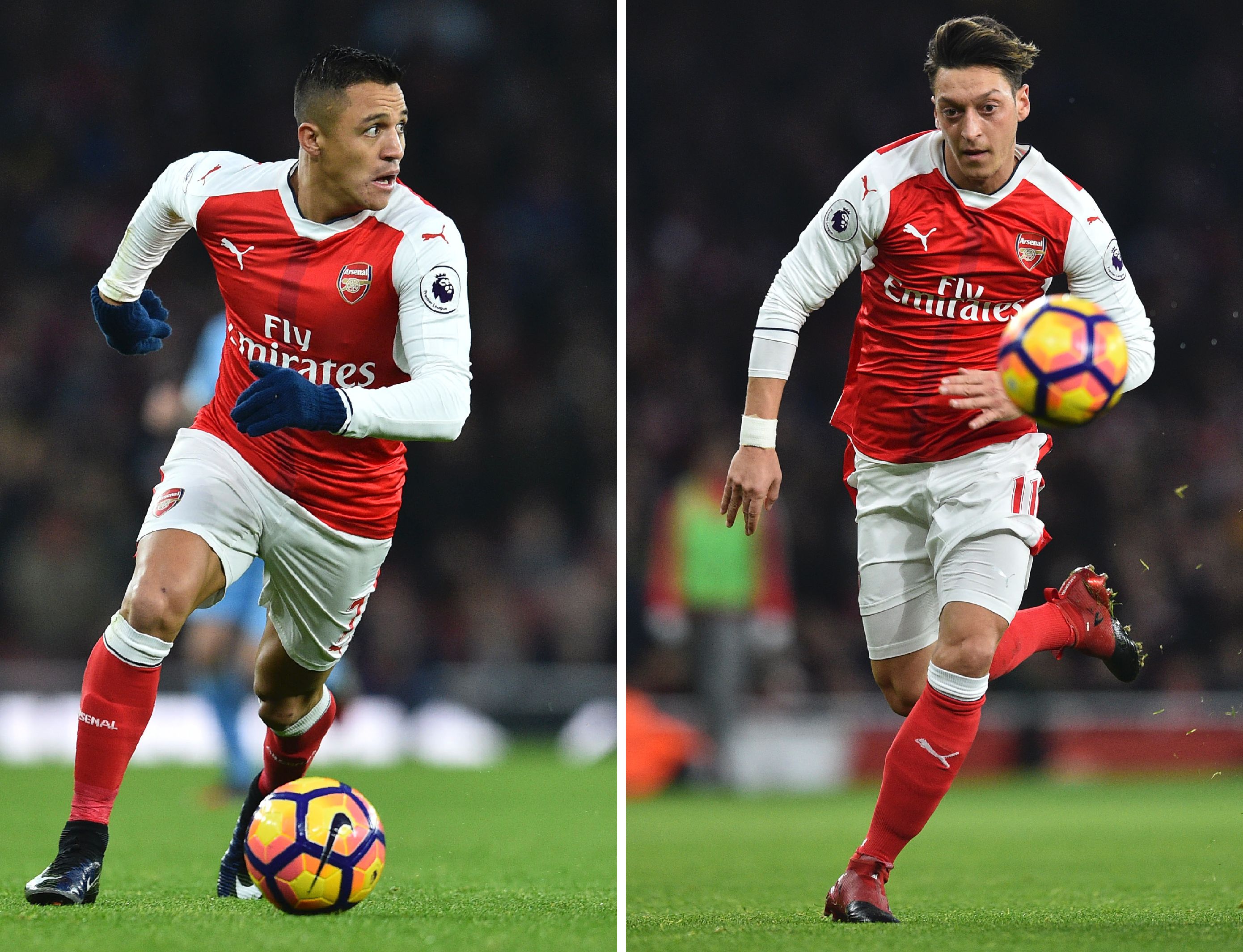 A combination of pictures created in London on January 29, 2017 shows Arsenal's Chilean striker Alexis Sanchez (L) running with the ball during the English Premier League football match between Arsenal and Stoke City at the Emirates Stadium in London on December 10, 2016 and Arsenal's German midfielder Mesut Ozil (R) running for the ball during the same match. 
The Premier League's star imports are demanding huge pay rises as clubs' TV revenues rocket, Chinese teams entice them with mega wages -- and the pound slumps ahead of Brexit. Some players have secured bumper increases but Arsenal have yet to meet the demands of Mesut Ozil and Alexis Sanchez. Reports suggest World Cup winner Ozil and Sanchez, twice winner of the Copa America, each want around £250,000 per week as they also factor in the cost of converting pounds into their native currencies.
 / AFP / Glyn KIRK / RESTRICTED TO EDITORIAL USE. No use with unauthorized audio, video, data, fixture lists, club/league logos or 'live' services. Online in-match use limited to 75 images, no video emulation. No use in betting, games or single club/league/player publications.  / TO GO WITH AFP STORY BY BEN PERRY AND PIRATE IRWIN        (Photo credit should read GLYN KIRK/AFP/Getty Images)