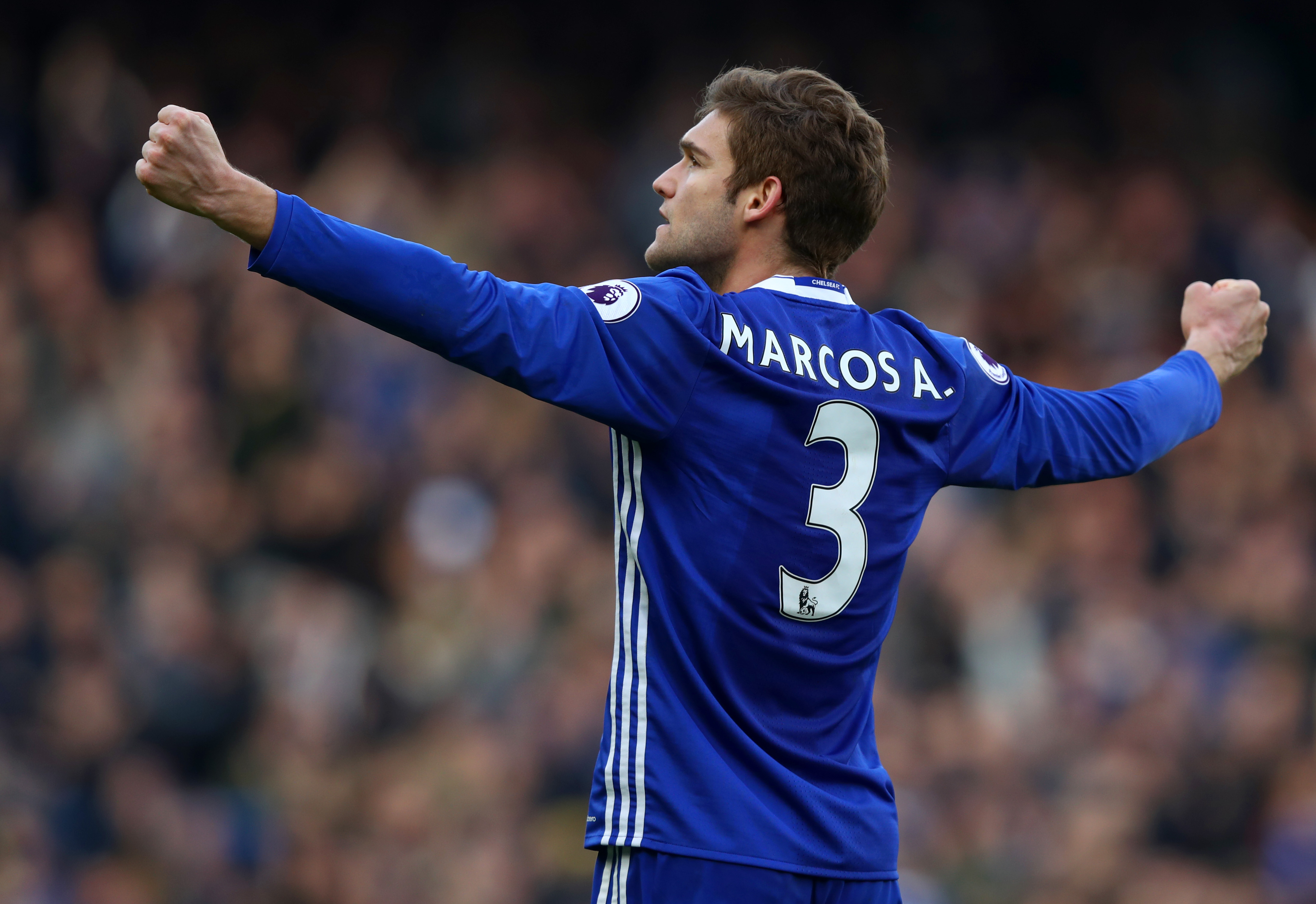 LONDON, ENGLAND - FEBRUARY 04:  Marcos Alonso of Chelsea celebrates during the Premier League match between Chelsea and Arsenal at Stamford Bridge on February 4, 2017 in London, England.  (Photo by Clive Rose/Getty Images)