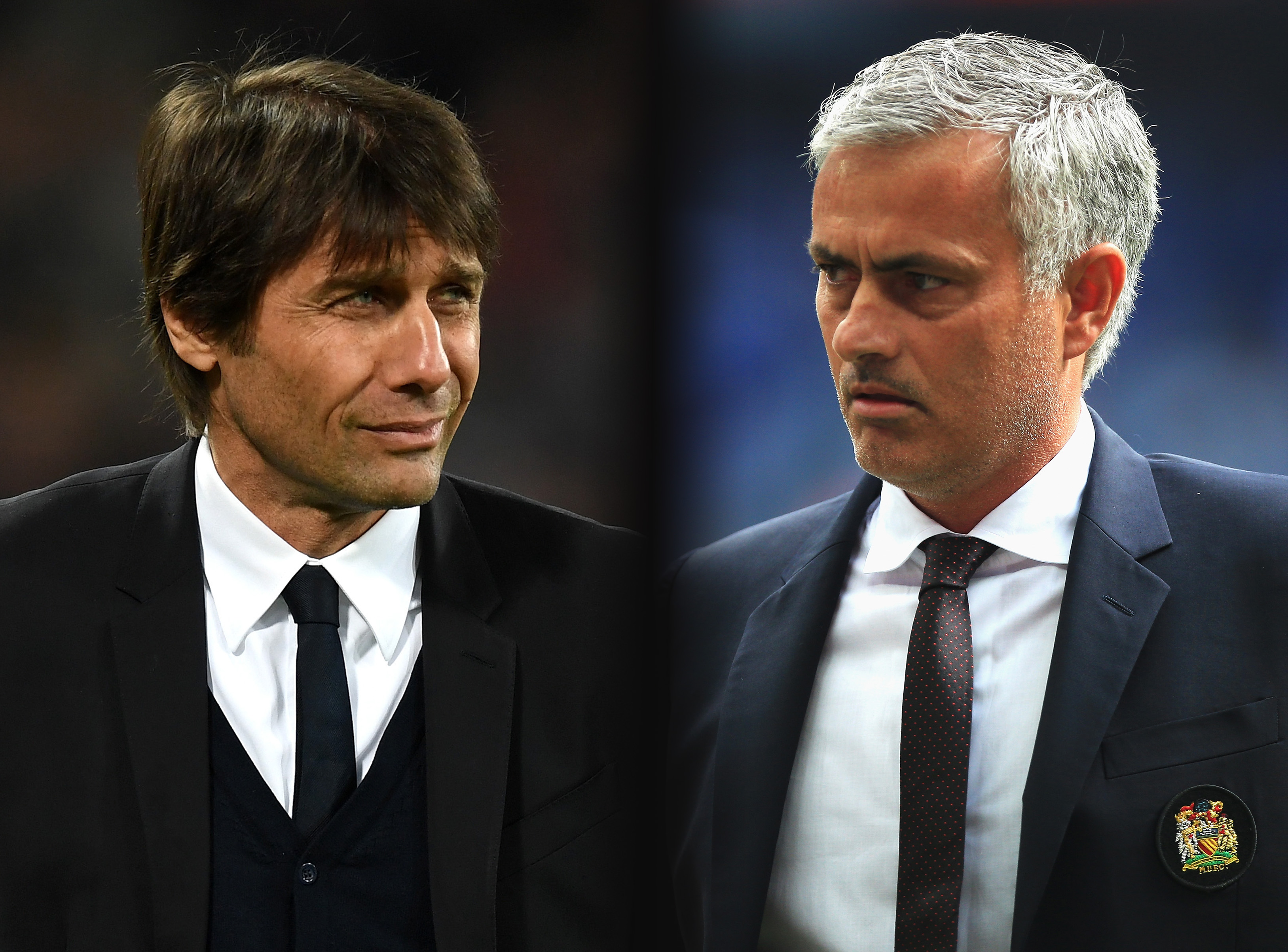 FILE PHOTO (EDITORS NOTE: GRADIENT ADDED - COMPOSITE OF TWO IMAGES - Image numbers (L) 648790058 and 586900360) In this composite image a comparision has been made between  Antonio Conte, Manager of Chelsea and Jose Mourinho,Manager of Manchester United. Chelsea and Manchester United meet in one of the  Emirates FA Cup Quarter-Finals at Stamford Bridge on March 13, 2017 in London,England.   ***LEFT IMAGE*** STRATFORD, ENGLAND - MARCH 06: Antonio Conte, Manager of Chelsea looks on during the Premier League match between West Ham United and Chelsea at London Stadium on March 6, 2017 in Stratford, England. (Photo by Michael Regan/Getty Images) ***RIGHT IMAGE*** LONDON, ENGLAND - AUGUST 07: Manager of Manchester United, Jose Mourinho watches on during The FA Community Shield match between Leicester City and Manchester United at Wembley Stadium on August 7, 2016 in London, England. (Photo by Ben Hoskins/Getty Images)
