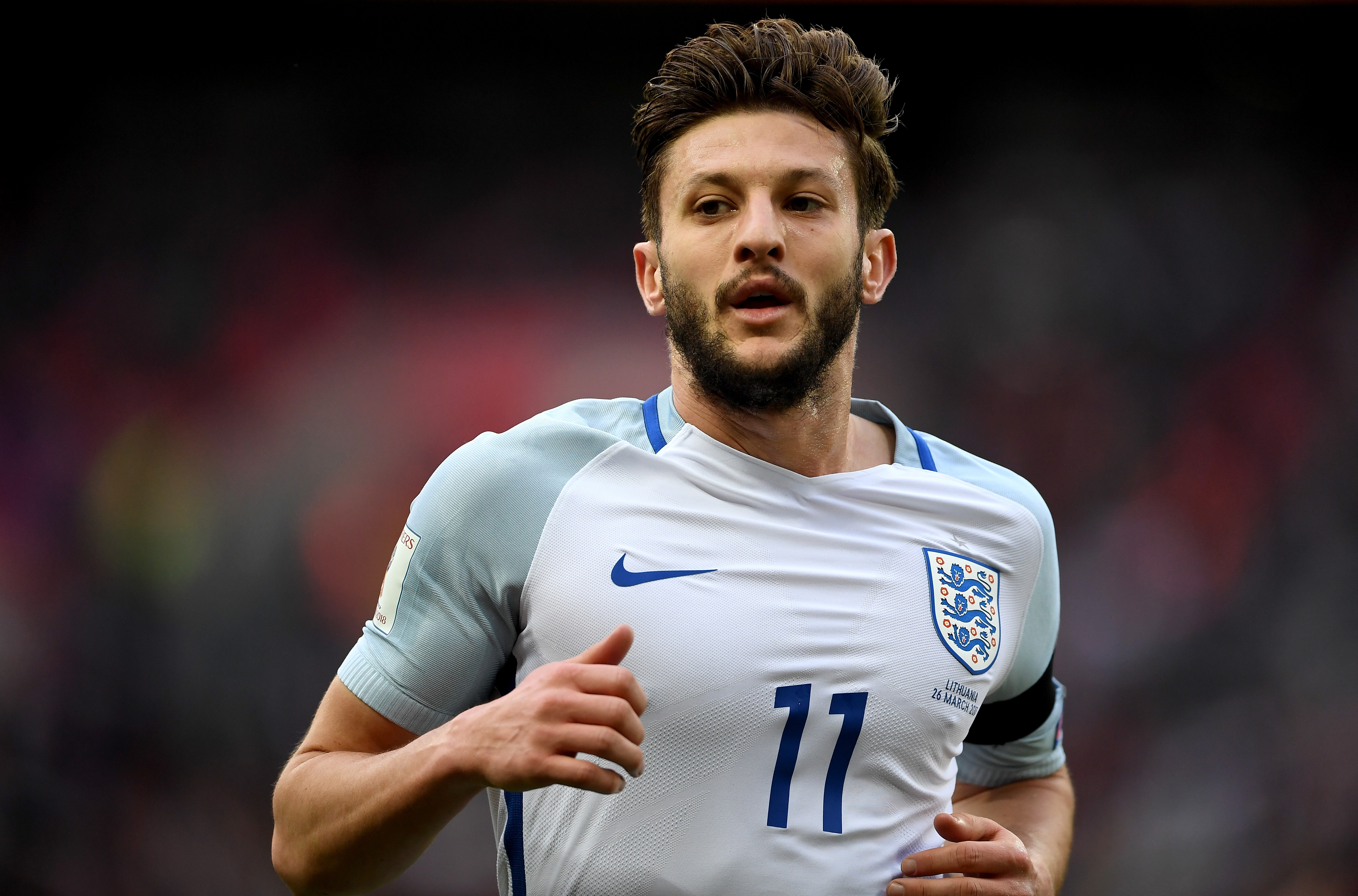 LONDON, ENGLAND - MARCH 26: Adam Lallana of England looks on during the FIFA 2018 World Cup Qualifier between England and Lithuania at Wembley Stadium on March 26, 2017 in London, England.  (Photo by Laurence Griffiths/Getty Images)
