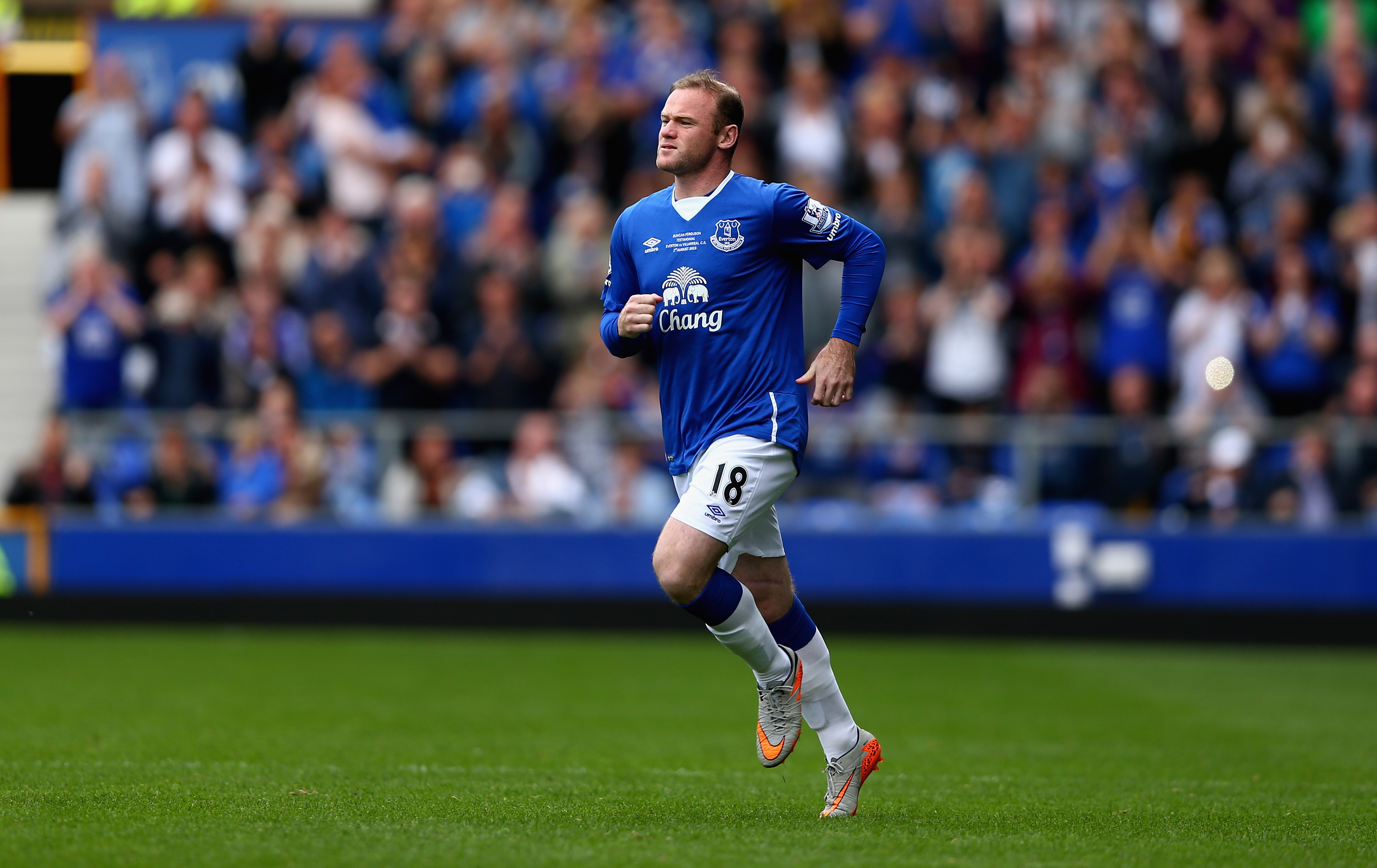 LIVERPOOL, ENGLAND - AUGUST 02:  Wayne Rooney of Everton and Manchester United runs on to the pitch as he replaces Tom Cleverley of Everton during the Duncan Ferguson Testimonial match between Everton and Villarreal at Goodison Park on August 2, 2015 in Liverpool, England.  (Photo by Clive Brunskill/Getty Images)