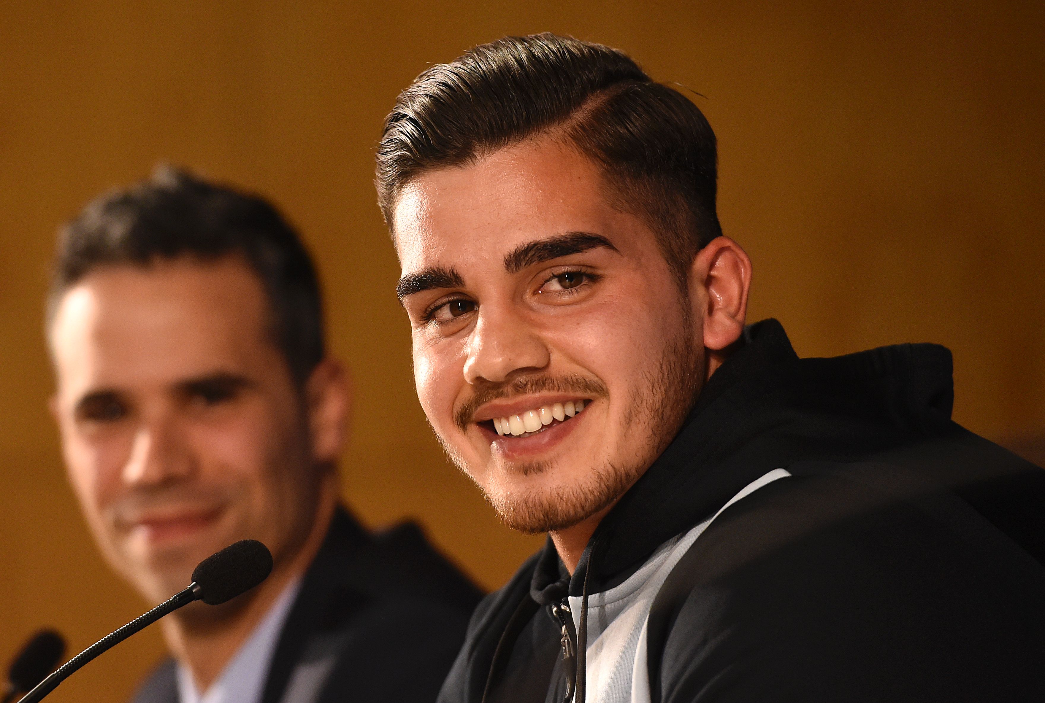 Porto's forward Andre Silva smiles during a press conference at the Dragao stadium in Porto on February 21, 2017, on the eve of the UEFA Champions League football match FC Porto vs Juventus FC. / AFP / FRANCISCO LEONG        (Photo credit should read FRANCISCO LEONG/AFP/Getty Images)