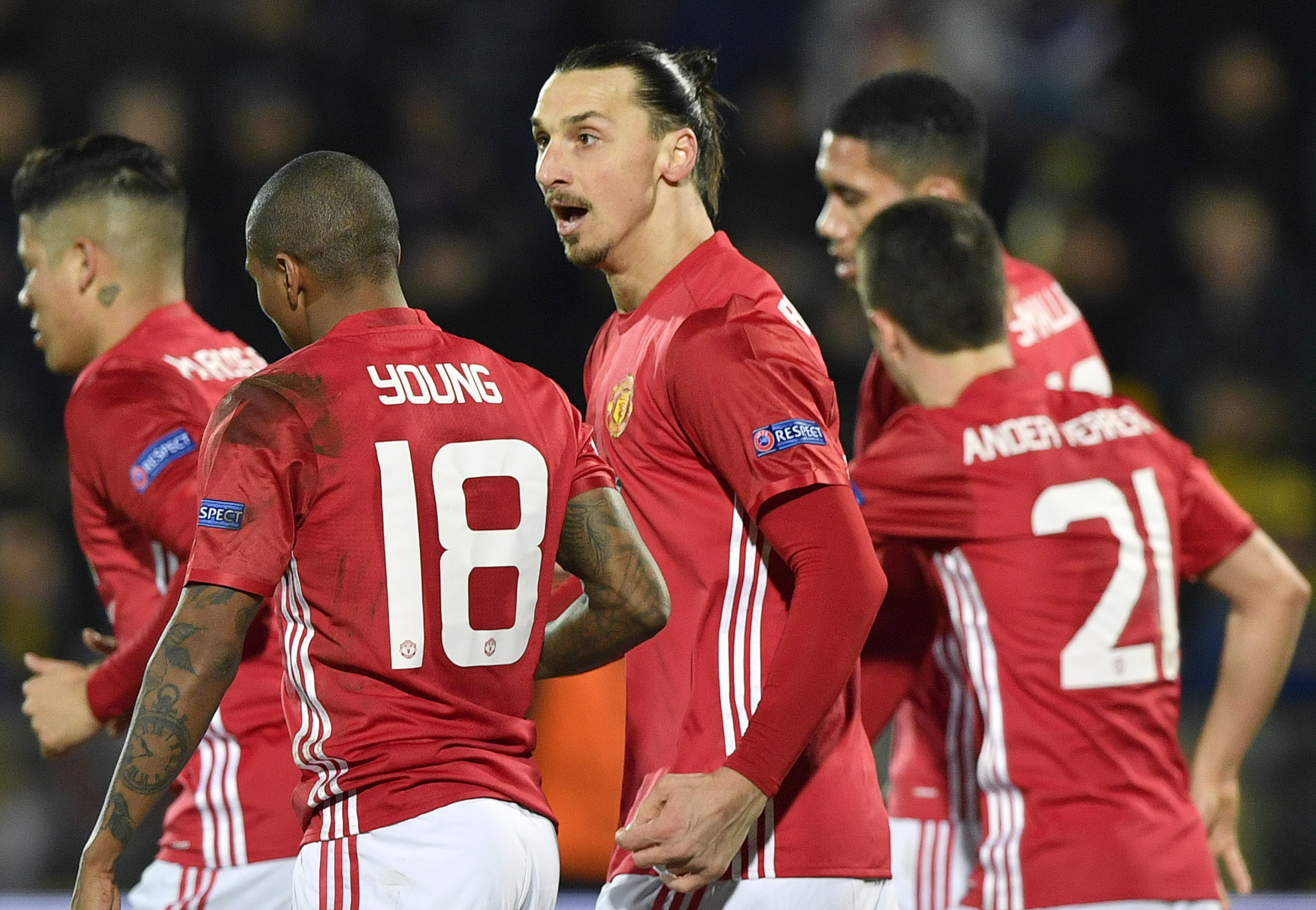 Manchester United's Swedish forward Zlatan Ibrahimovic (C) celebrates with teammates after scoring a goal during the UEFA Europa League round of 16 football match between Rostov and Manchester United at Olimp-2 Arena in Rostov-on-Don on March 9, 2017. / AFP PHOTO / Alexander NEMENOV        (Photo credit should read ALEXANDER NEMENOV/AFP/Getty Images)