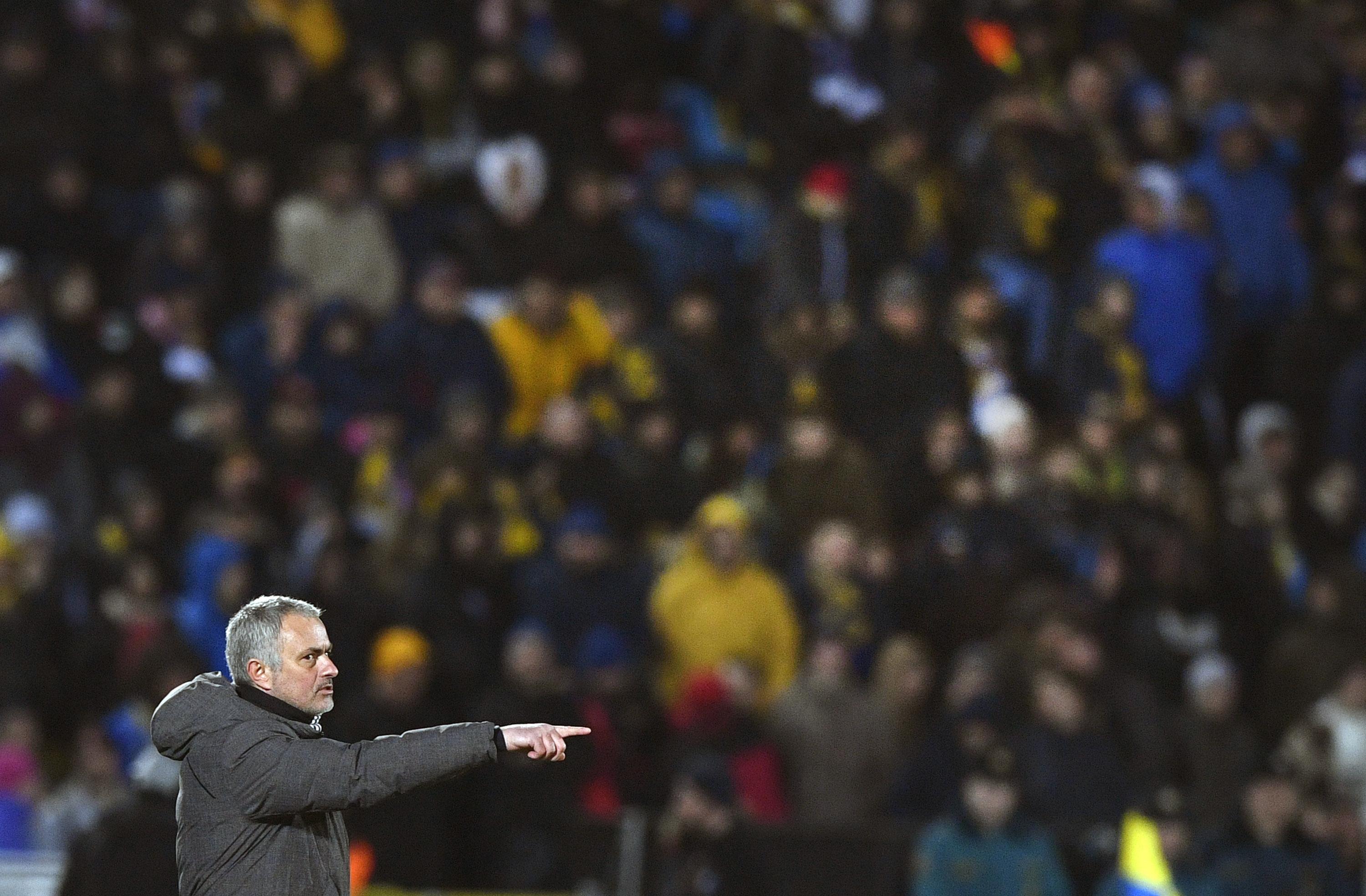 Manchester United's Portuguese coach Jose Mourinho reacts during the UEFA Europa League round of 16 football match between Rostov and Manchester United at Olimp-2 Arena in Rostov-on-Don on March 9, 2017. / AFP PHOTO / Alexander NEMENOV        (Photo credit should read ALEXANDER NEMENOV/AFP/Getty Images)
