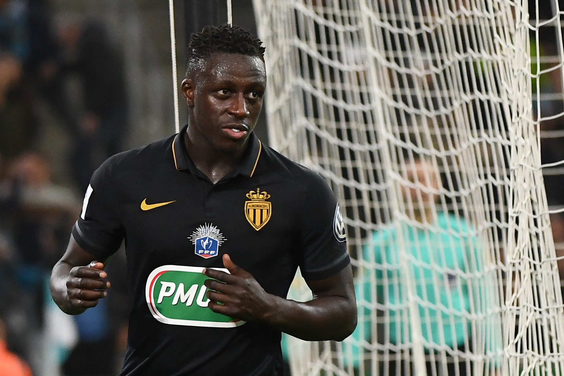 Monaco's French defender Benjamin Mendy reacts after scoring his team's third goal during the French Cup football match Marseille (OM) vs Monaco (ASM) on March 1, 2017 at the Velodrome stadium in Marseille, southern France.   / AFP PHOTO / BORIS HORVAT        (Photo credit should read BORIS HORVAT/AFP/Getty Images)