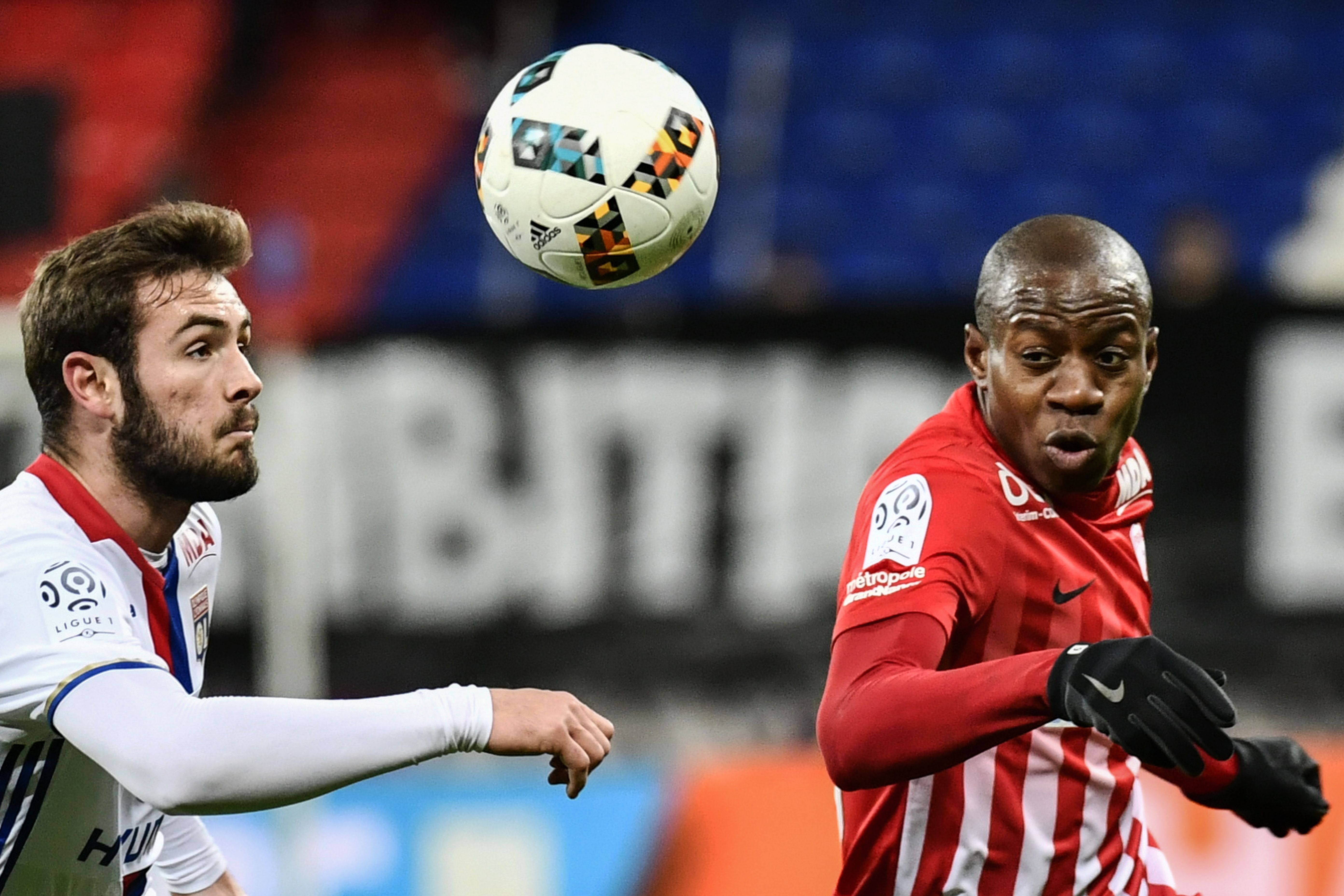 Nancy's French forward Junior Dale (R) vies with Lyon's French midfielder Lucas Tousart (L) during the French Ligue 1 football match between Olympique Lyonnais (OL) and Nancy (ASNL)  on February 8, 2017, at the Parc Olympique Lyonnais stadium in Decines-Charpieu, central-eastern France.  / AFP / JEFF PACHOUD        (Photo credit should read JEFF PACHOUD/AFP/Getty Images)