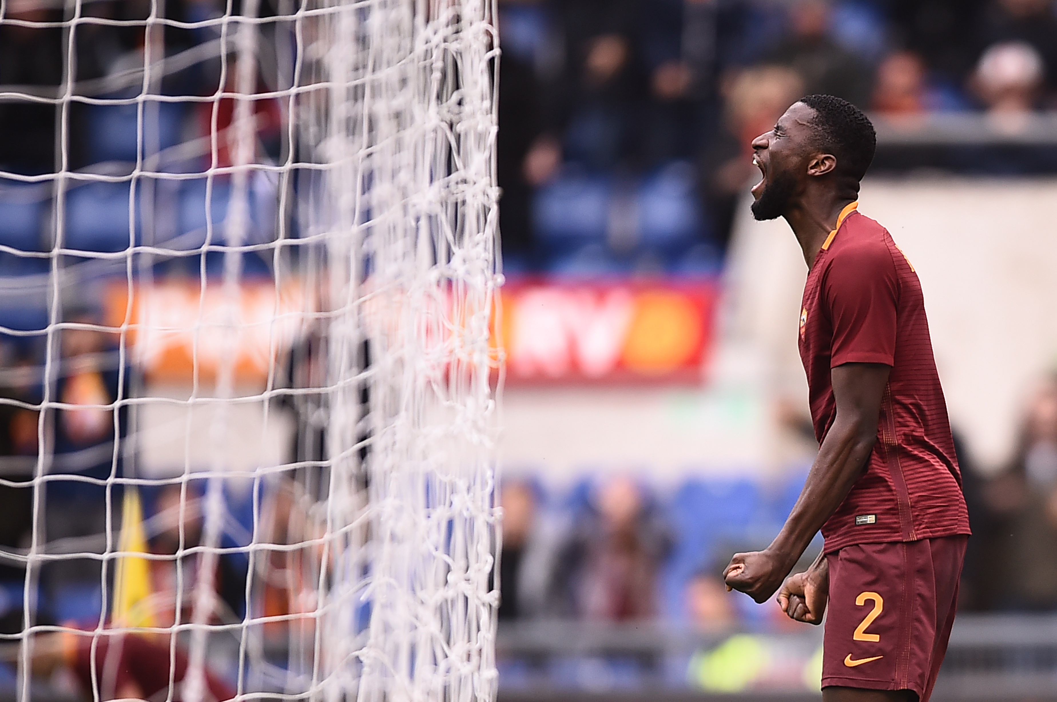 Roma's defender from Germany Antonio Rudiger reacts during the Italian Serie A football match AS Roma vs Napoli on March 4, 2017 at the Olympic Stadium in Rome. Napoli won 1-2. / AFP PHOTO / FILIPPO MONTEFORTE        (Photo credit should read FILIPPO MONTEFORTE/AFP/Getty Images)