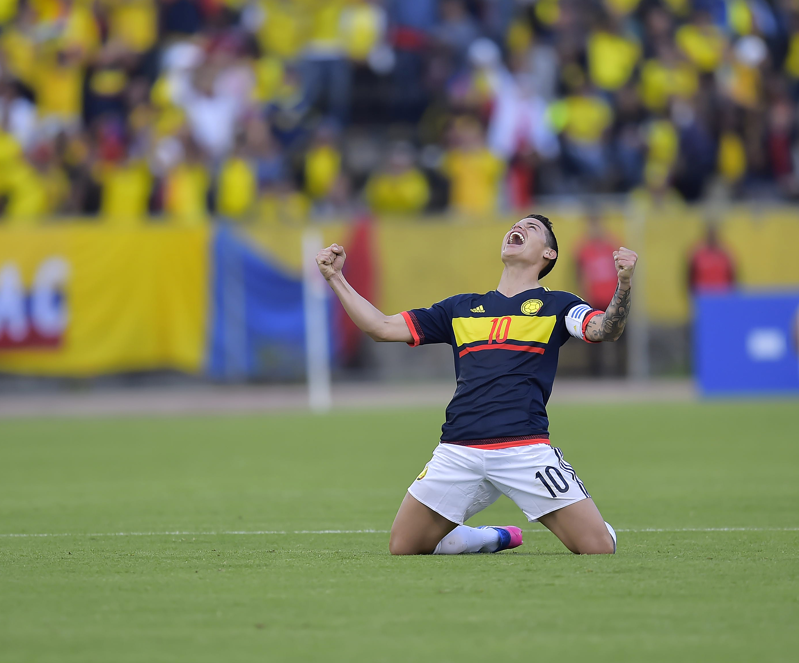 Colombia's midfielder James Rodriguez celebrates after winning 2-0 their 2018 FIFA World Cup qualifier football match against Ecuador in Quito on March 28, 2017. / AFP PHOTO / Rodrigo BUENDIA        (Photo credit should read RODRIGO BUENDIA/AFP/Getty Images)