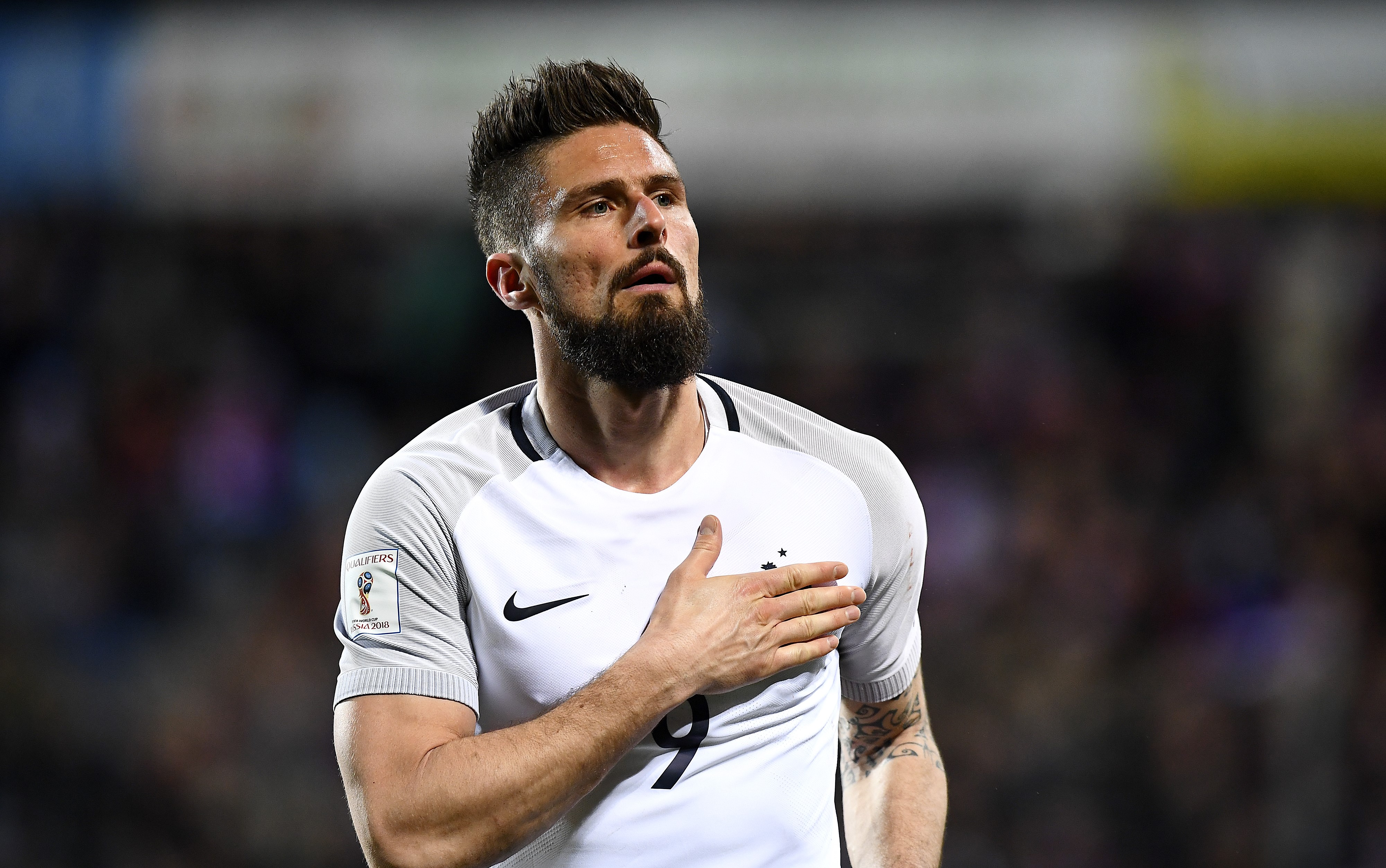 France's forward Olivier Giroud celebrates his goal during the FIFA World Cup 2018 qualifying football match Luxembourg vs France on March 25, 2017 at Josy Bartel stadium in Luxembourg.  / AFP PHOTO / FRANCK FIFE        (Photo credit should read FRANCK FIFE/AFP/Getty Images)