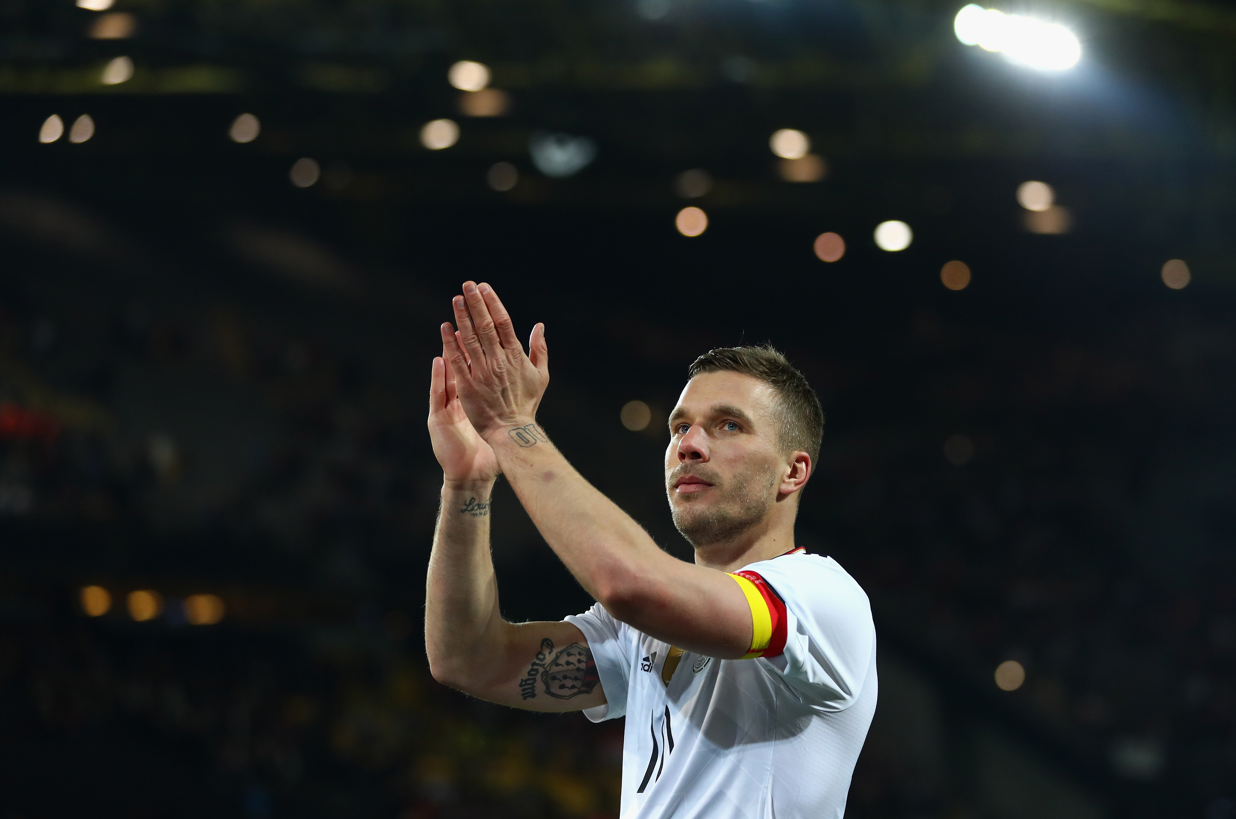 DORTMUND, GERMANY - MARCH 22:  Lukas Podolski of Germany shows appreciation to the fans after his last international match for Germany after the international friendly match between Germany and England at Signal Iduna Park on March 22, 2017 in Dortmund, Germany.  (Photo by Lars Baron/Bongarts/Getty Images)